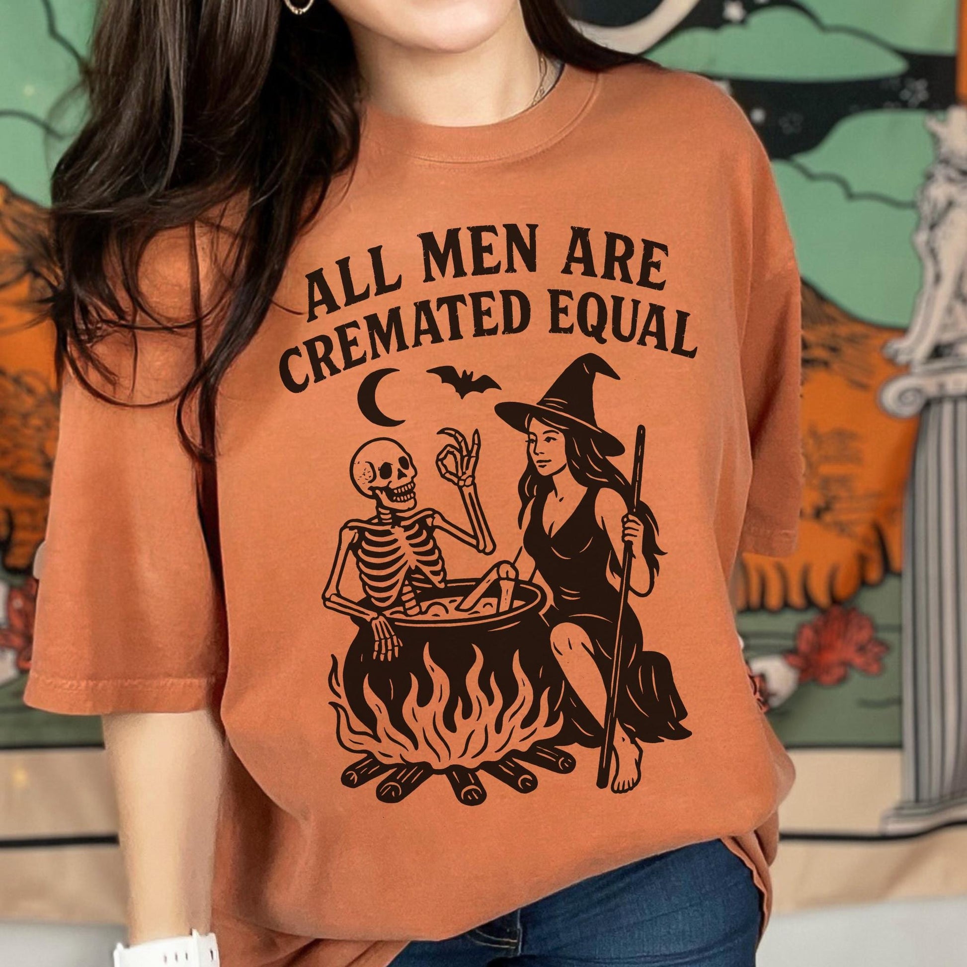 All Men Are Cremated Equal Funny Shirt, Vintage Pinup Witch T-Shirt, Hilarious Tshirt For Feminist, Skeleton Bats Cauldron Design Tee Gift