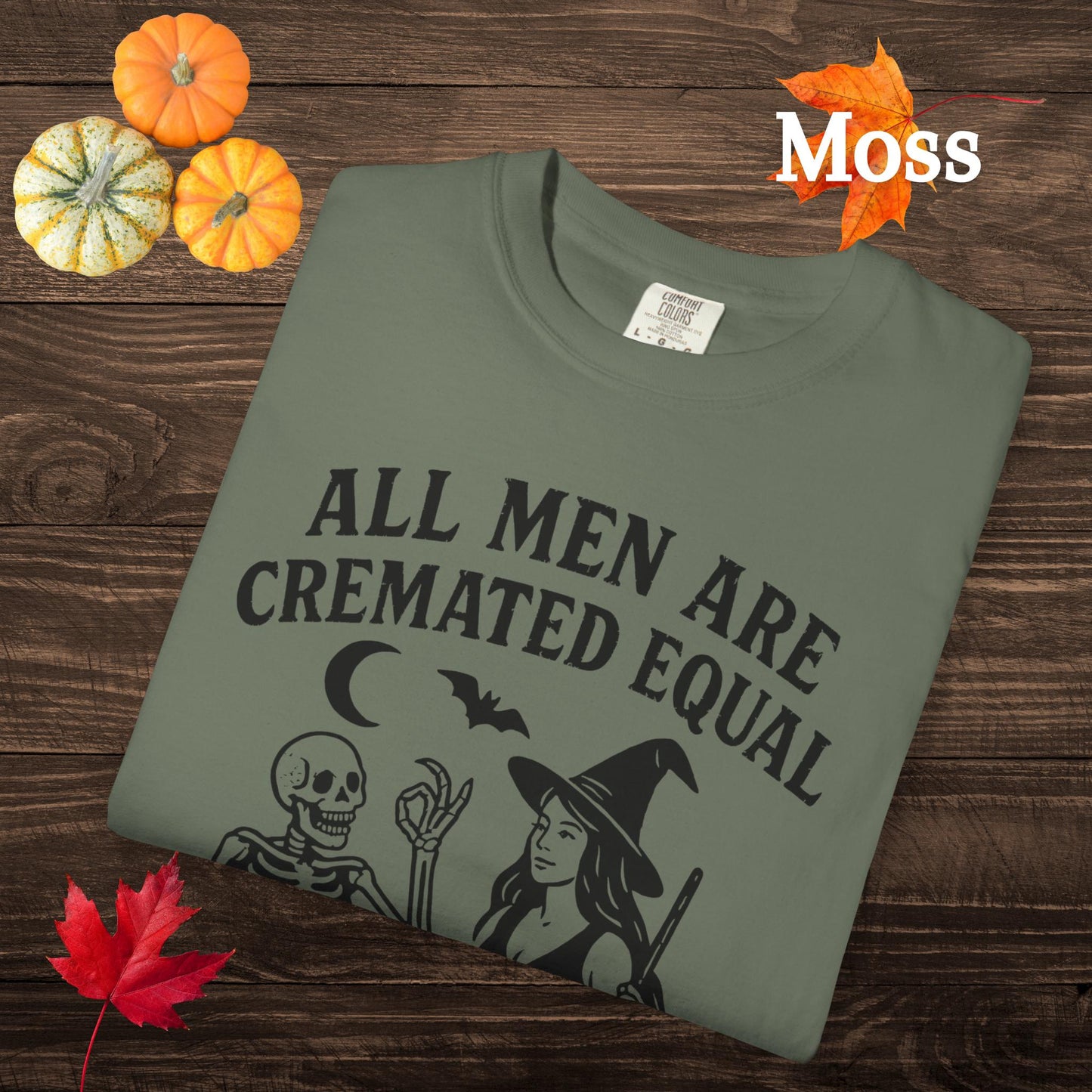 All Men Are Cremated Equal Funny Shirt, Vintage Pinup Witch T-Shirt, Hilarious Tshirt For Feminist, Skeleton Bats Cauldron Design Tee Gift