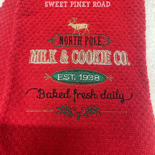 Milk And Cookie Co Embroidered Towel, Personalized Christmas Bath Towel, North Pole Baker, Holiday Custom Wash Cloth, Cute Farmhouse Decor