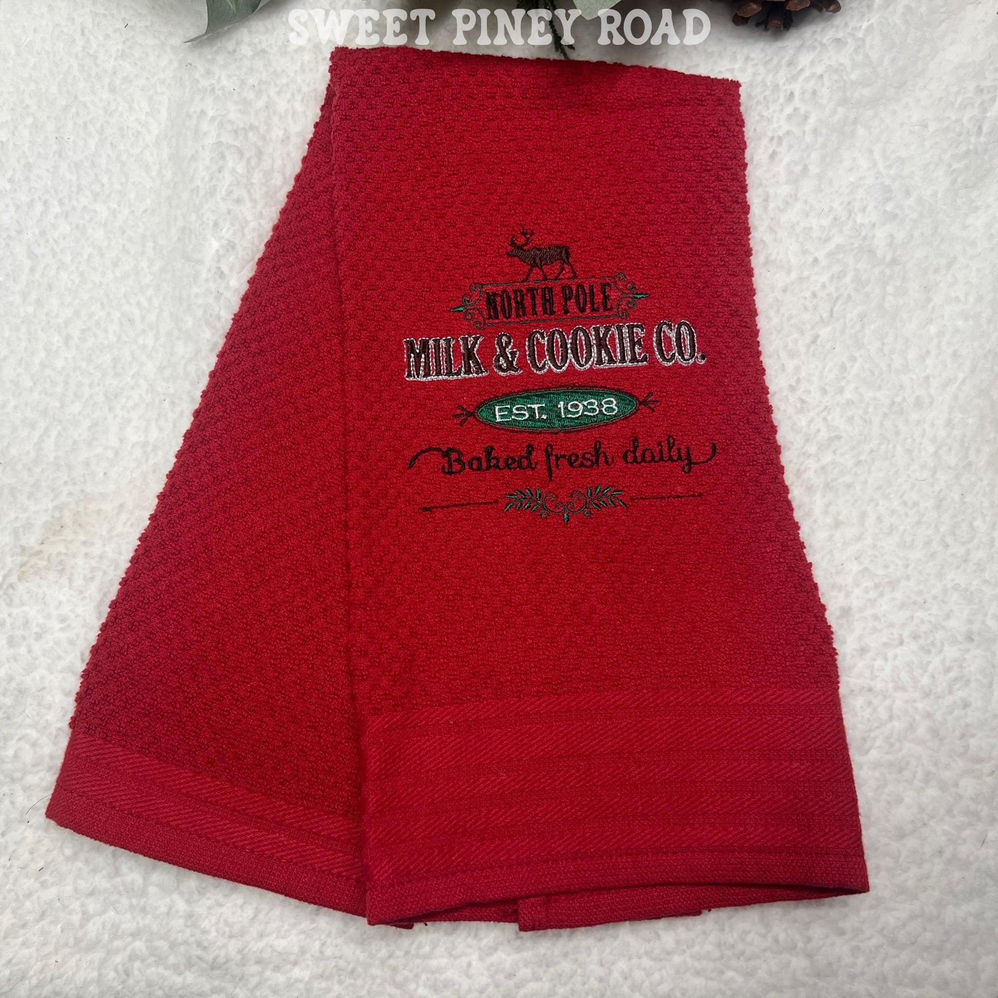 North Pole Milk And Cookie Co Embroidered Towel, Personalized Christmas Bath Towel, Holiday Baker Custom Wash Cloth, Cute Farmhouse Decor