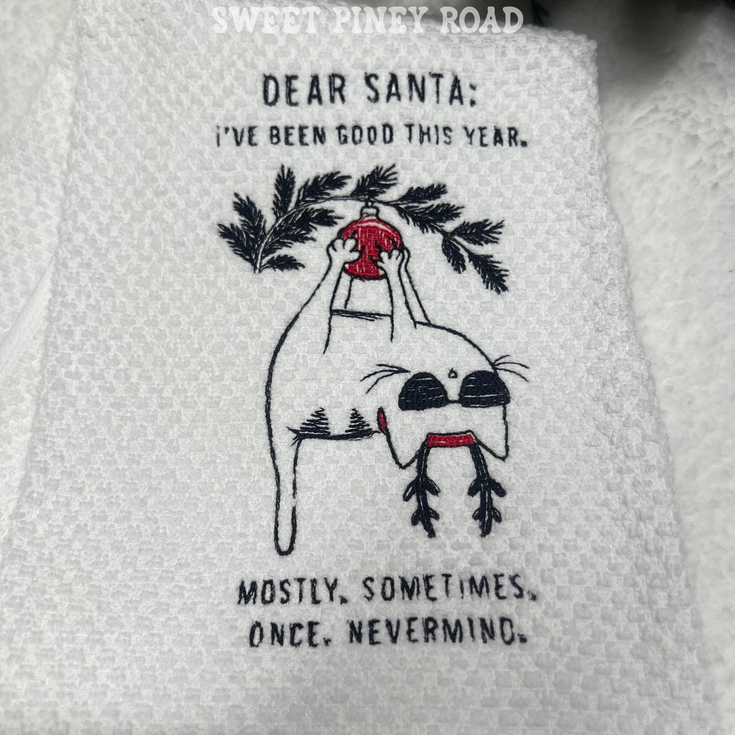 Naughty Cat Embroidered Towel, Personalized Christmas Bath Towel, Kitty Owner Gift, Holiday Custom Wash Cloth Present, Cute Kitten Decor