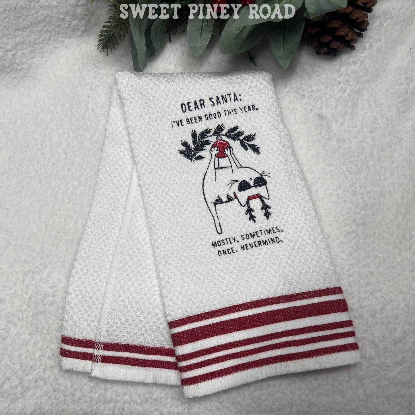 Naughty Cat Embroidered Towel, Personalized Christmas Bath Towel, Kitty Owner Gift, Holiday Custom Wash Cloth Present, Cute Kitten Decor
