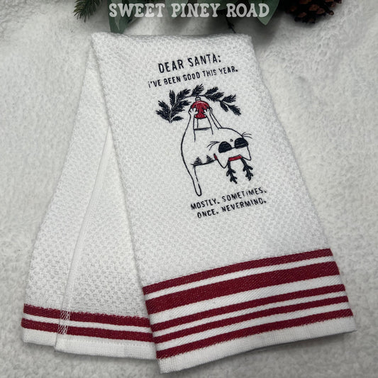 Naughty Cat Embroidered Towel, Personalized Christmas Bath Towel, Kitty Owner Gift, Holiday Custom Wash Cloth Present, Cute Kitten Decor