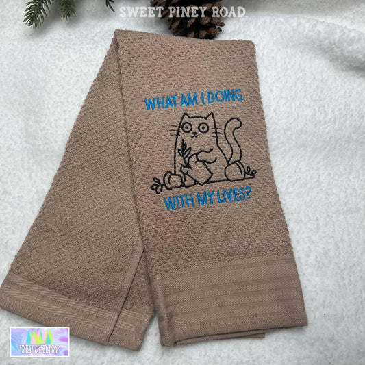 Funny Cat Lover Embroidered Towel, Personalized 9 Lives Bath Towel, Hilarious Kitty Owner Gift, Custom Wash Cloth Present, Cute Kitten Decor