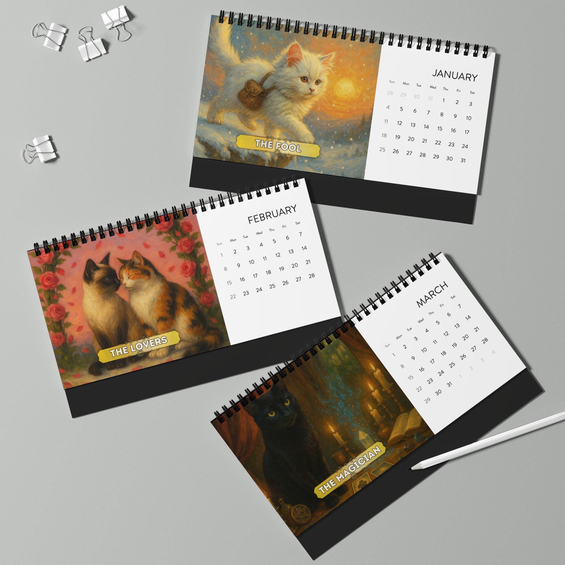 Tarot Cat Desk Calendar 2026, Witchy Cat Art Office Decor, Mini Mystic Feline Calendar, Goth Aesthetic Gift, Tarot Lover Desk Art Astrology