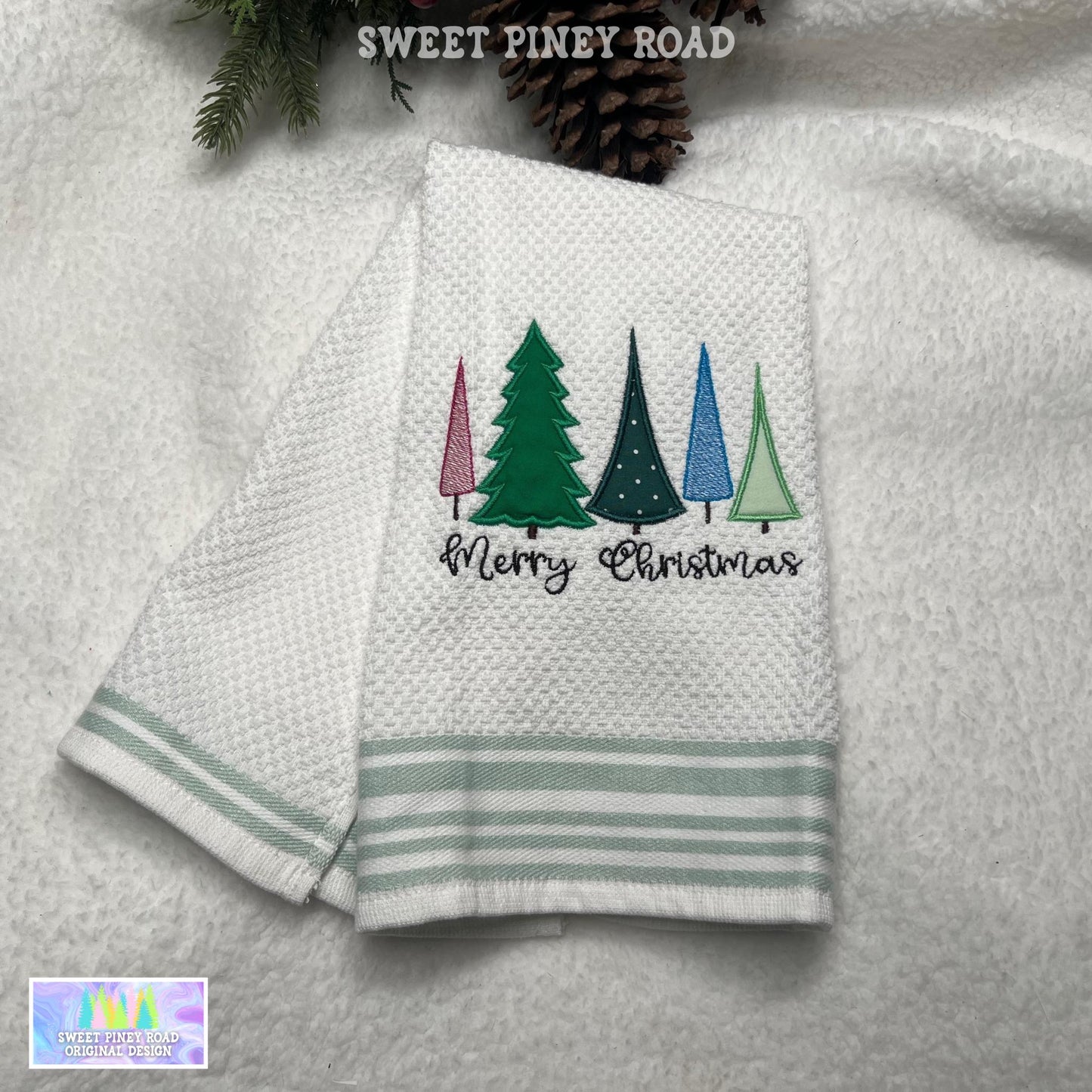 Christmas Trees Embroidered Towel, Personalized Holiday Bath Towel, Baker Gift, Custom Wash Cloth Present, Cute Elegant Farmhouse Decor