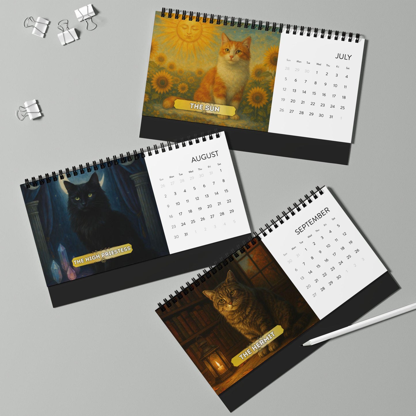Tarot Cat Desk Calendar 2026, Witchy Cat Art Office Decor, Mini Mystic Feline Calendar, Goth Aesthetic Gift, Tarot Lover Desk Art Astrology