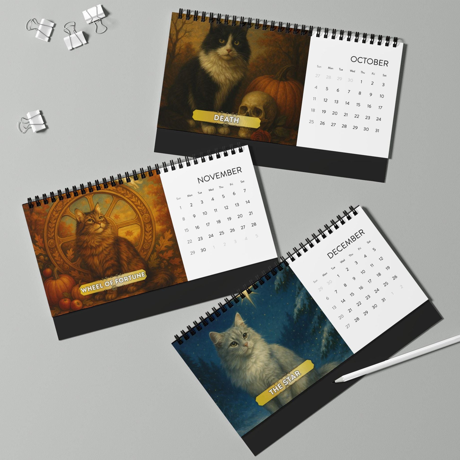 Tarot Cat Desk Calendar 2026, Witchy Cat Art Office Decor, Mini Mystic Feline Calendar, Goth Aesthetic Gift, Tarot Lover Desk Art Astrology