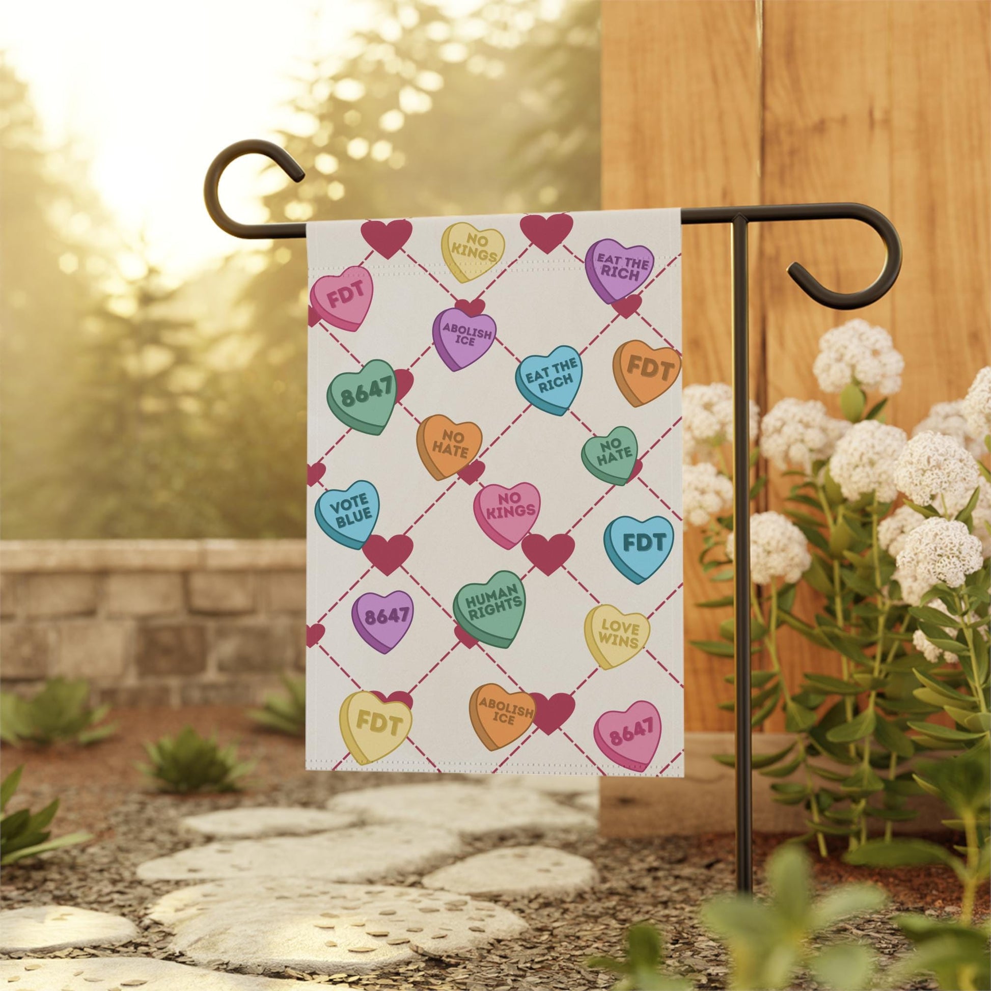 Subtle FDT Candy Hearts Anti-Trump Garden Flag, Leftist Valentine's Day Protest Resist Yard Banner, Political Outdoor Decor