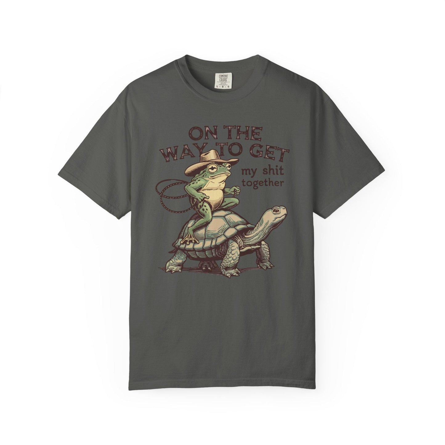 On My Way To Get My Sh*t Together Tshirt, Frog Riding Turtle Shirt, Funny Gen Z Meme Humor T-Shirt, Hilarious Cowboy Toad Tee