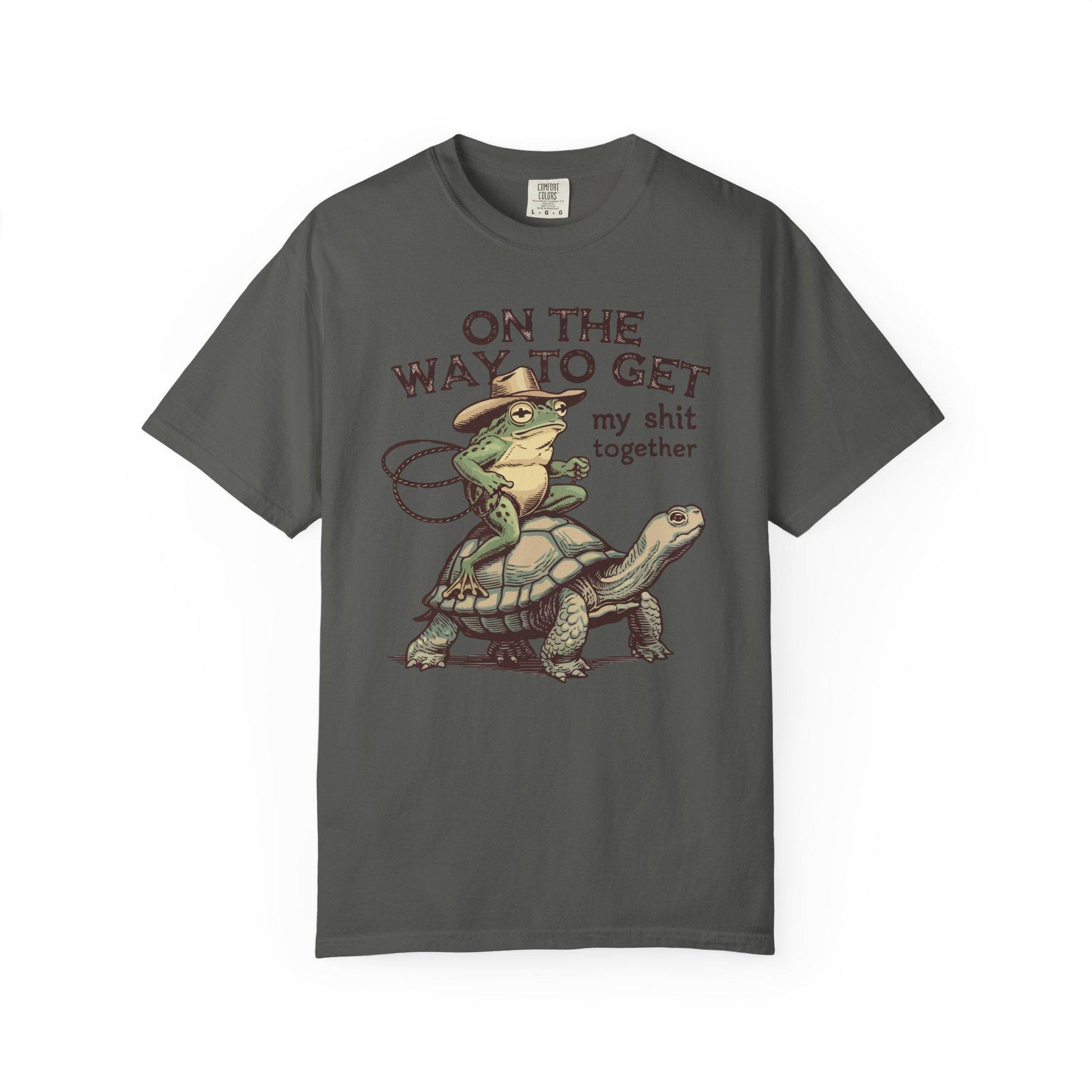 On My Way To Get My Sh*t Together Tshirt, Frog Riding Turtle Shirt, Funny Gen Z Meme Humor T-Shirt, Hilarious Cowboy Toad Tee