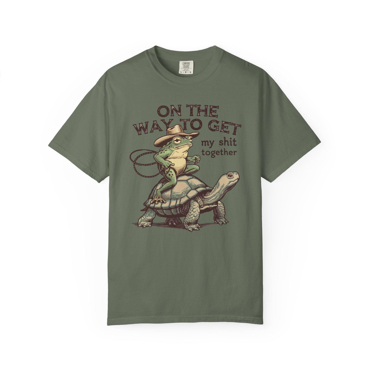 On My Way To Get My Sh*t Together Tshirt, Frog Riding Turtle Shirt, Funny Gen Z Meme Humor T-Shirt, Hilarious Cowboy Toad Tee