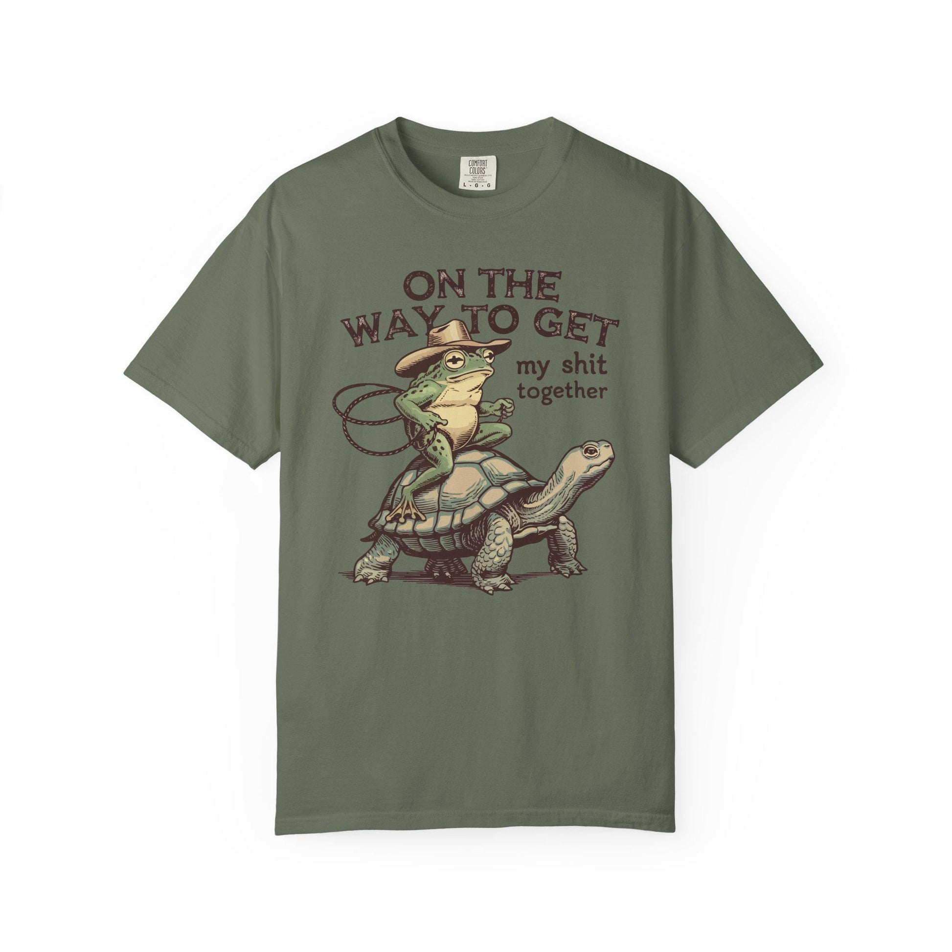 On My Way To Get My Sh*t Together Tshirt, Frog Riding Turtle Shirt, Funny Gen Z Meme Humor T-Shirt, Hilarious Cowboy Toad Tee