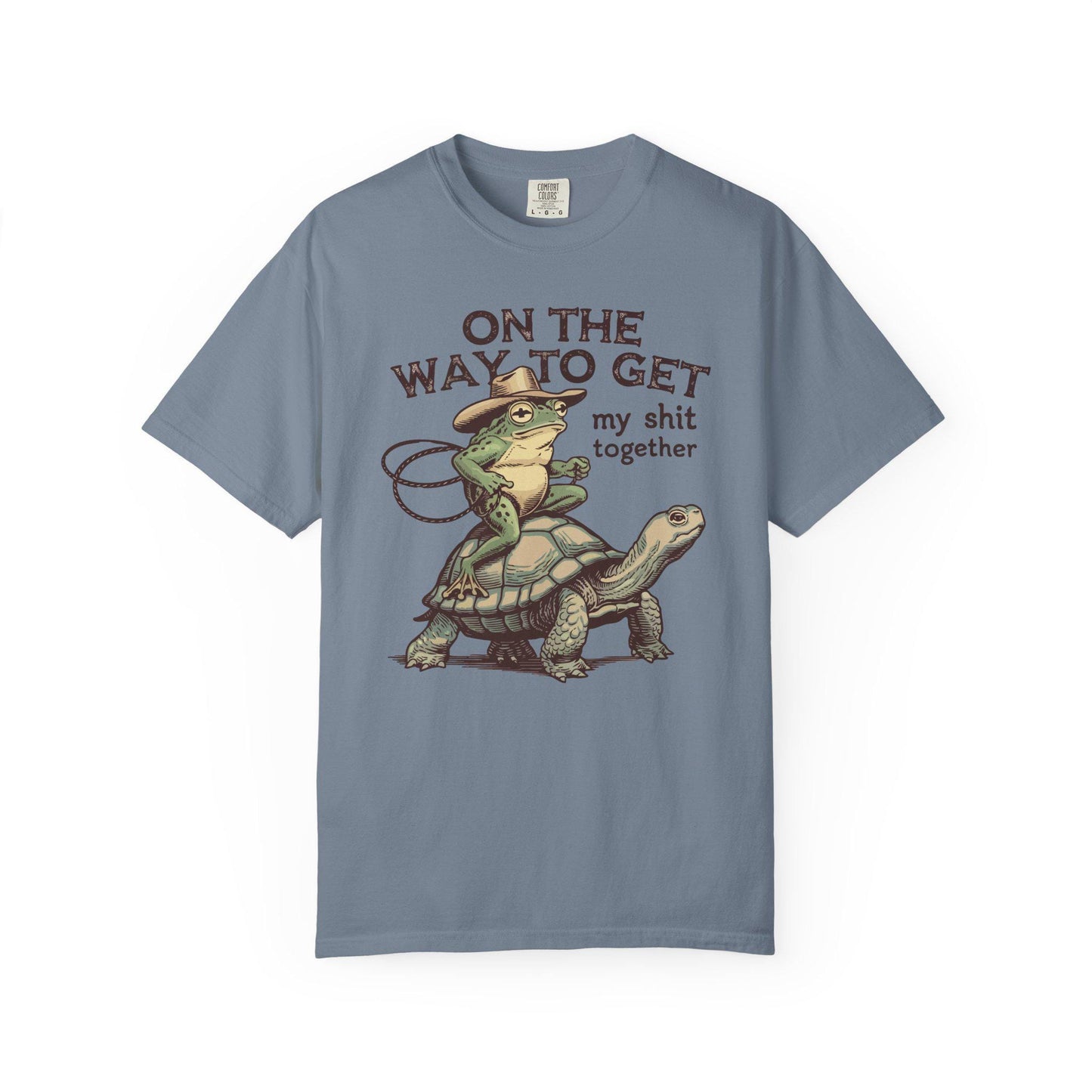 On My Way To Get My Sh*t Together Tshirt, Frog Riding Turtle Shirt, Funny Gen Z Meme Humor T-Shirt, Hilarious Cowboy Toad Tee