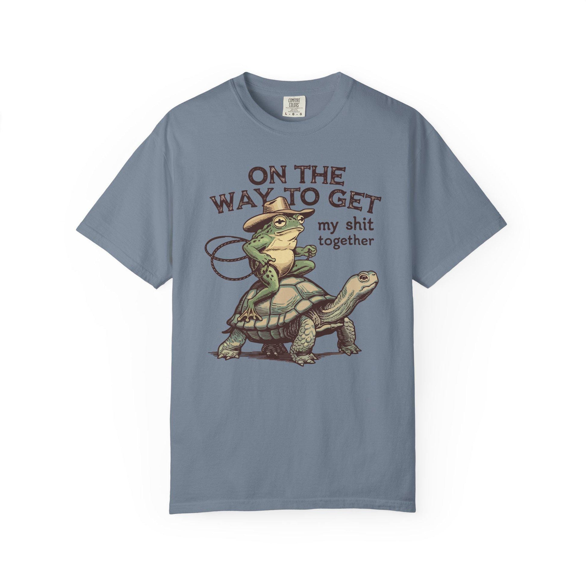 On My Way To Get My Sh*t Together Tshirt, Frog Riding Turtle Shirt, Funny Gen Z Meme Humor T-Shirt, Hilarious Cowboy Toad Tee