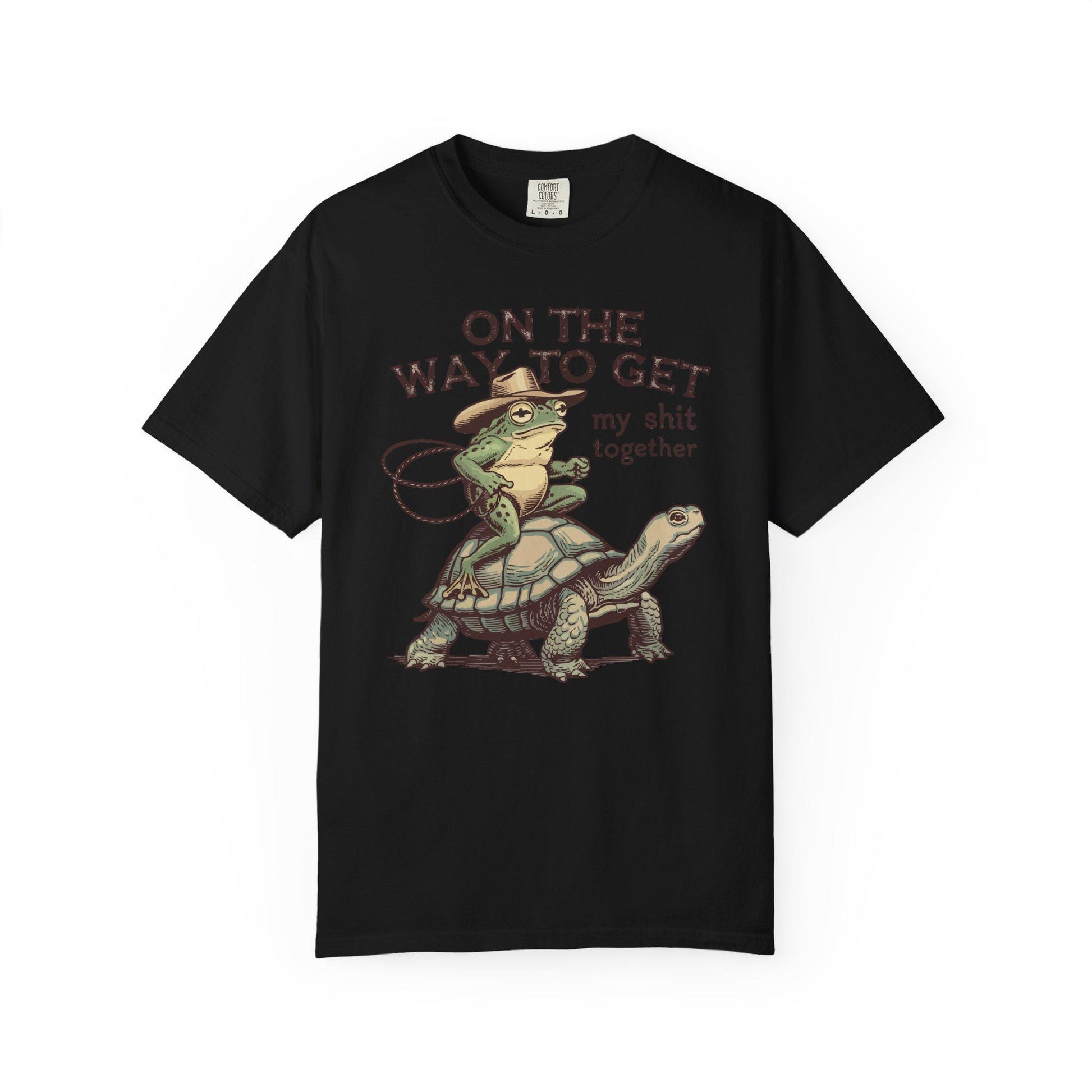 On My Way To Get My Sh*t Together Tshirt, Frog Riding Turtle Shirt, Funny Gen Z Meme Humor T-Shirt, Hilarious Cowboy Toad Tee