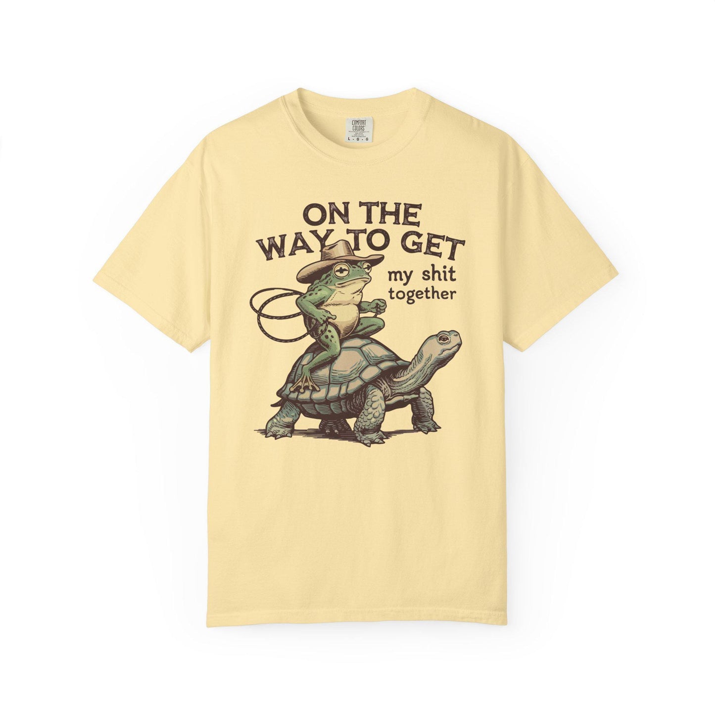 On My Way To Get My Sh*t Together Tshirt, Frog Riding Turtle Shirt, Funny Gen Z Meme Humor T-Shirt, Hilarious Cowboy Toad Tee
