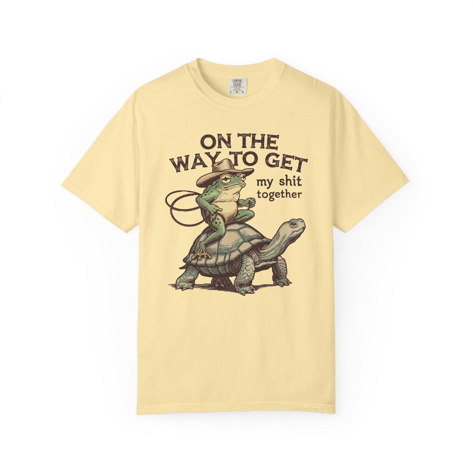 On My Way To Get My Sh*t Together Tshirt, Frog Riding Turtle Shirt, Funny Gen Z Meme Humor T-Shirt, Hilarious Cowboy Toad Tee