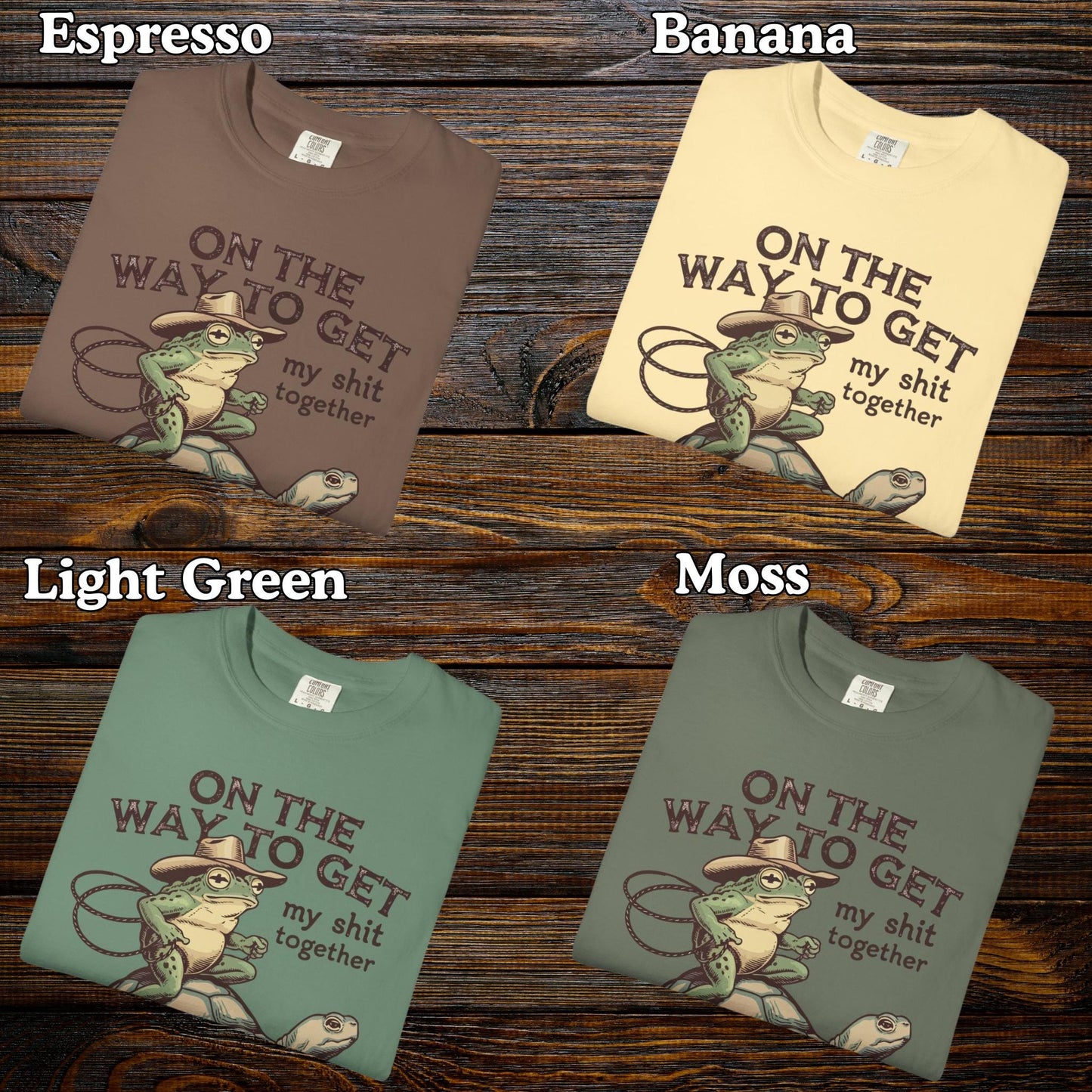 On My Way To Get My Sh*t Together Tshirt, Frog Riding Turtle Shirt, Funny Gen Z Meme Humor T-Shirt, Hilarious Cowboy Toad Tee