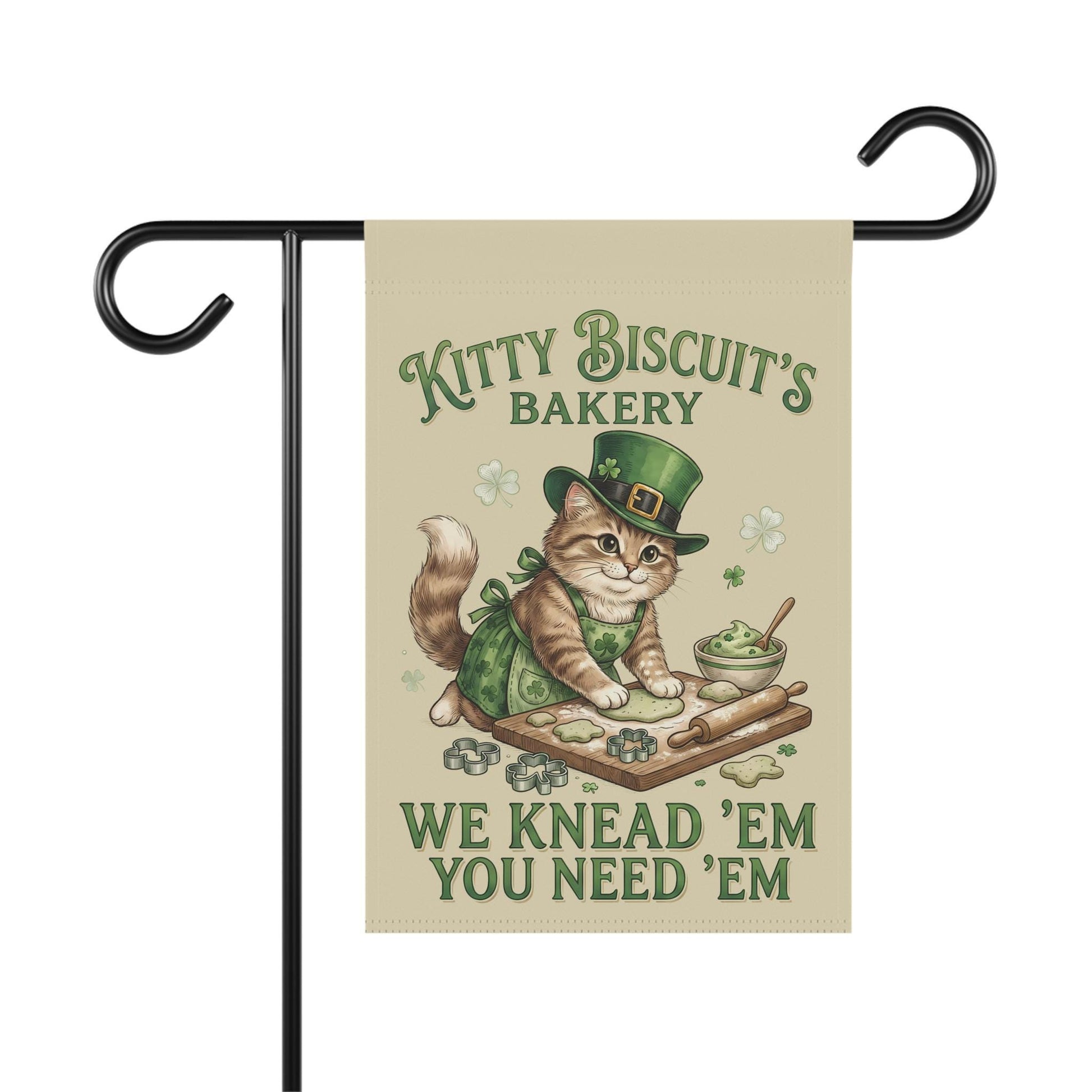 Kitty Biscuits Bakery Outdoor Garden Flag, St. Patrick's Day Cat Yard Banner, Saint Patty's Kitty Lover Holiday Gift Decor