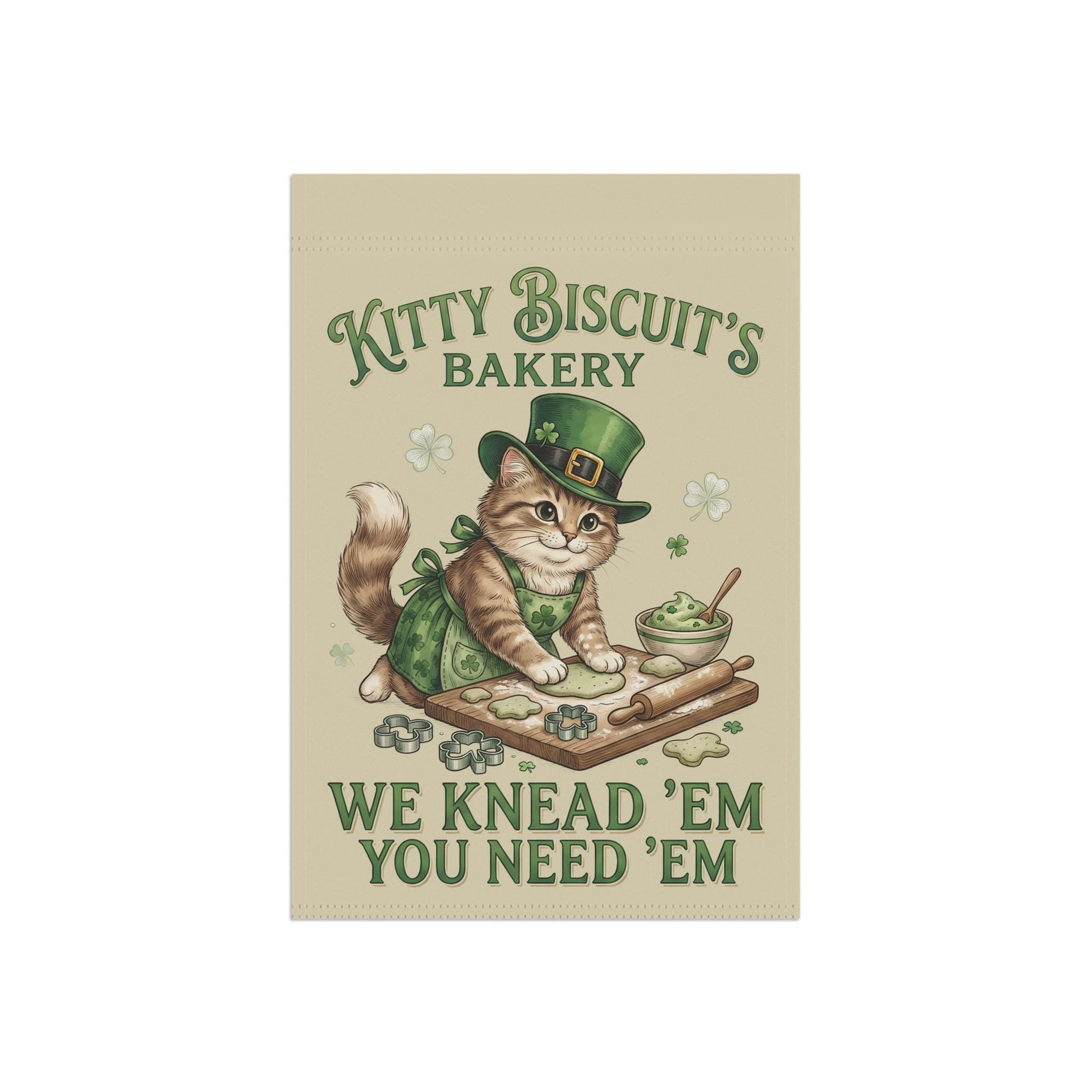 Kitty Biscuits Bakery Outdoor Garden Flag, St. Patrick's Day Cat Yard Banner, Saint Patty's Kitty Lover Holiday Gift Decor