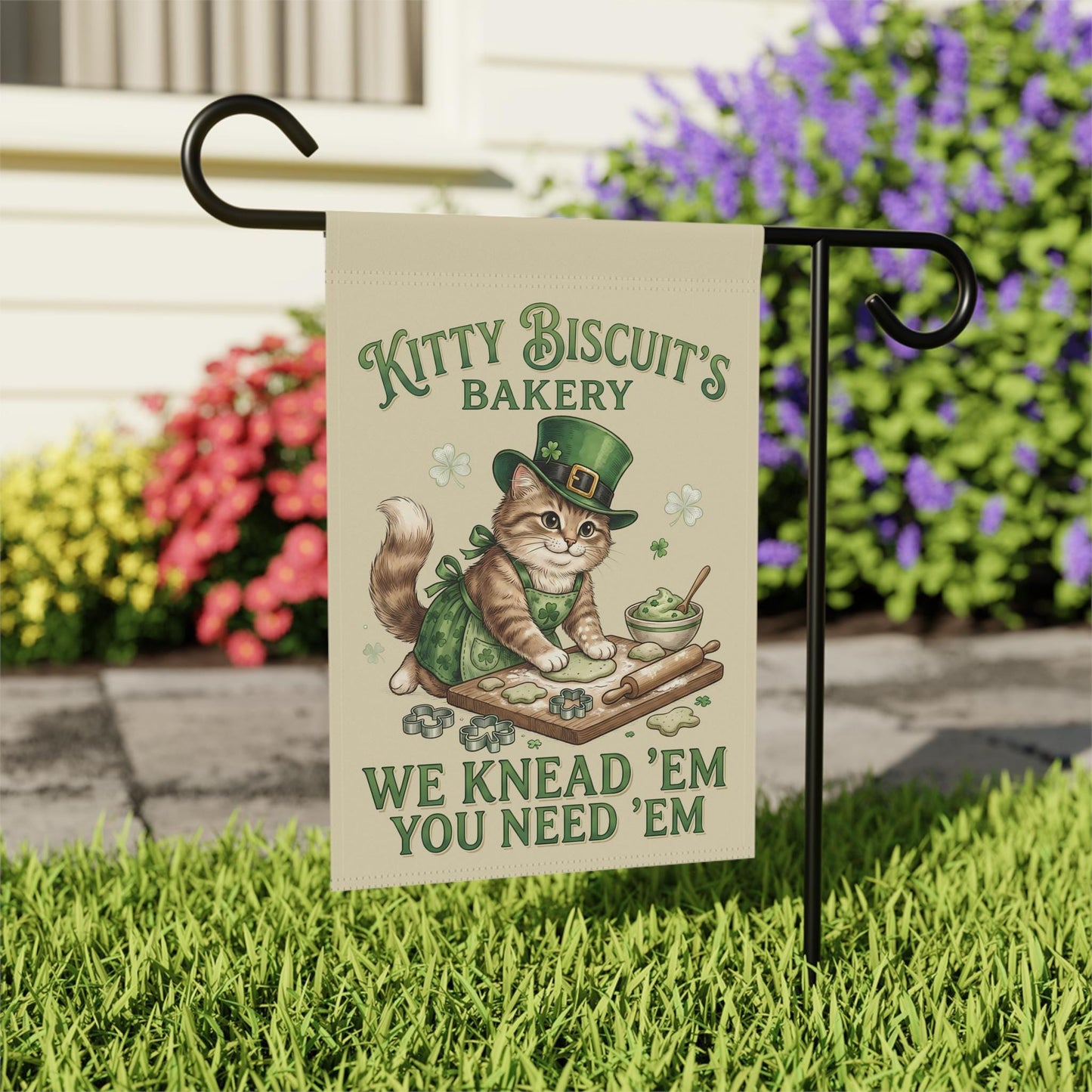 Kitty Biscuits Bakery Outdoor Garden Flag, St. Patrick's Day Cat Yard Banner, Saint Patty's Kitty Lover Holiday Gift Decor