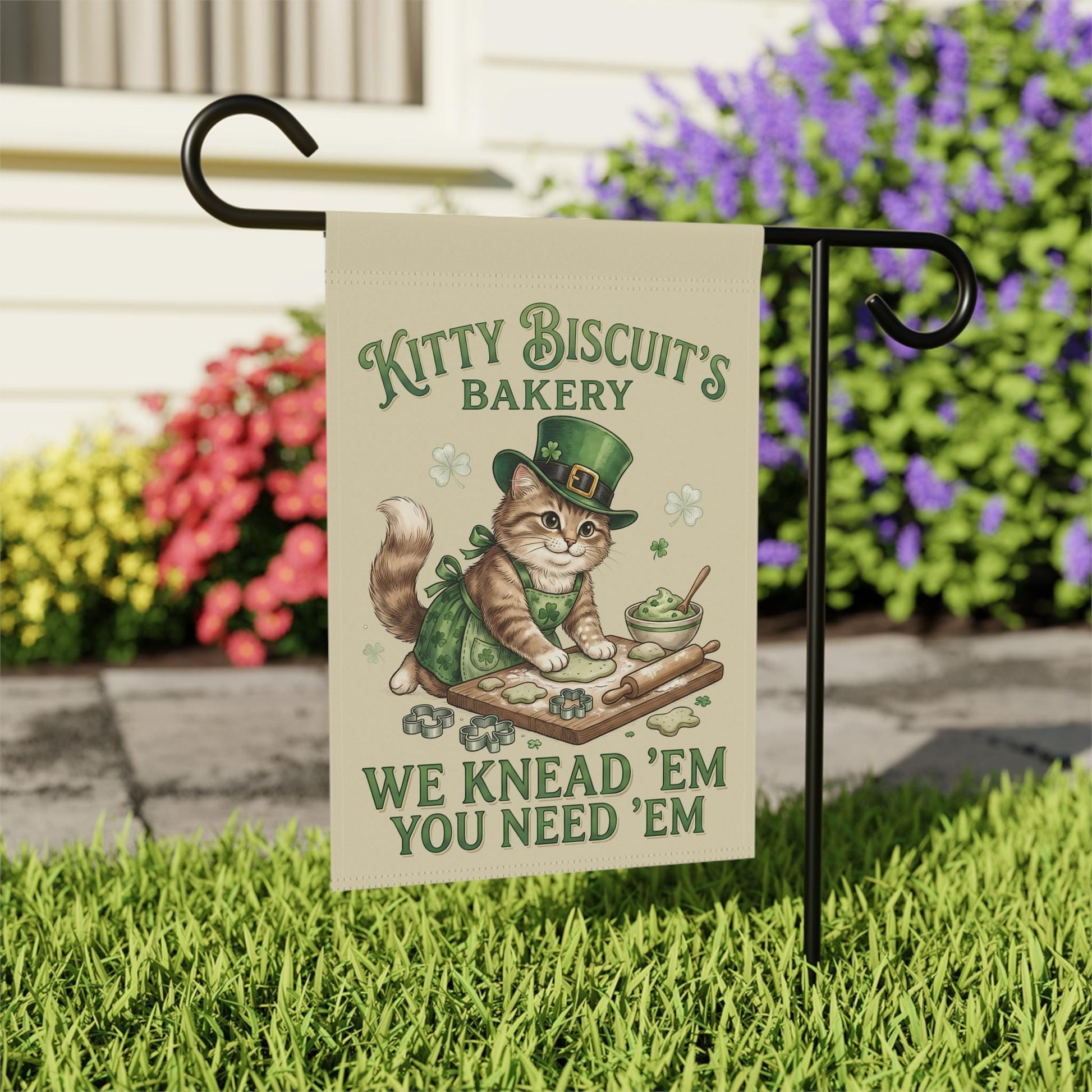 Kitty Biscuits Bakery Outdoor Garden Flag, St. Patrick's Day Cat Yard Banner, Saint Patty's Kitty Lover Holiday Gift Decor