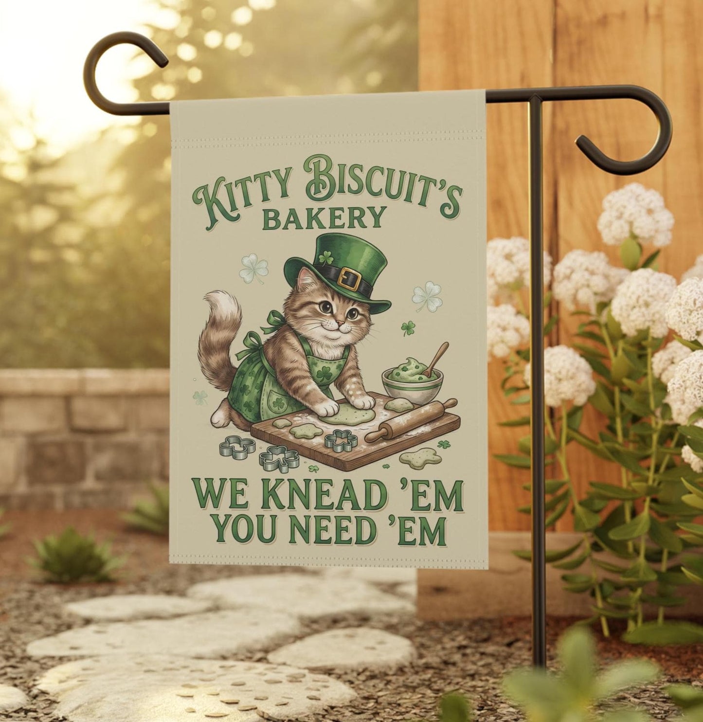 Kitty Biscuits Bakery Outdoor Garden Flag, St. Patrick's Day Cat Yard Banner, Saint Patty's Kitty Lover Holiday Gift Decor