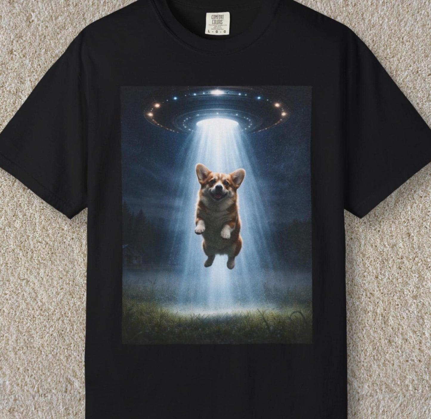 Corgi Shirt with a corgi being abducted by a ufo.