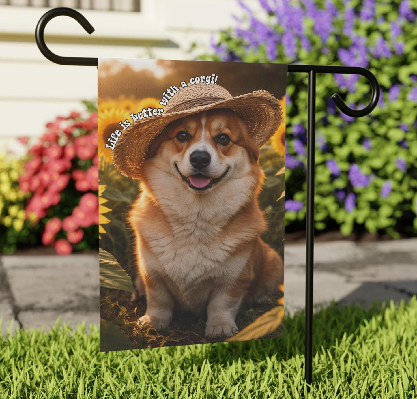 Life Is Better With A Corgi Garden Flag, Adorable Sunflower Corgi Mom Yard Banner, Outdoor Dog Lover Decor, Spring Summer Flowers Decoration