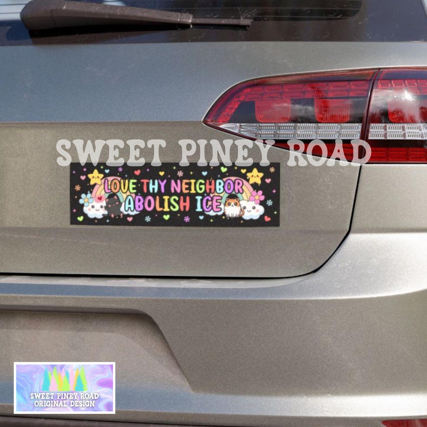 Love Thy Neighbor Abolish ICE Car Magnet, Adorable Kawaii Cats Rainbows Human Rights Activist Y2k Bumper Sticker
