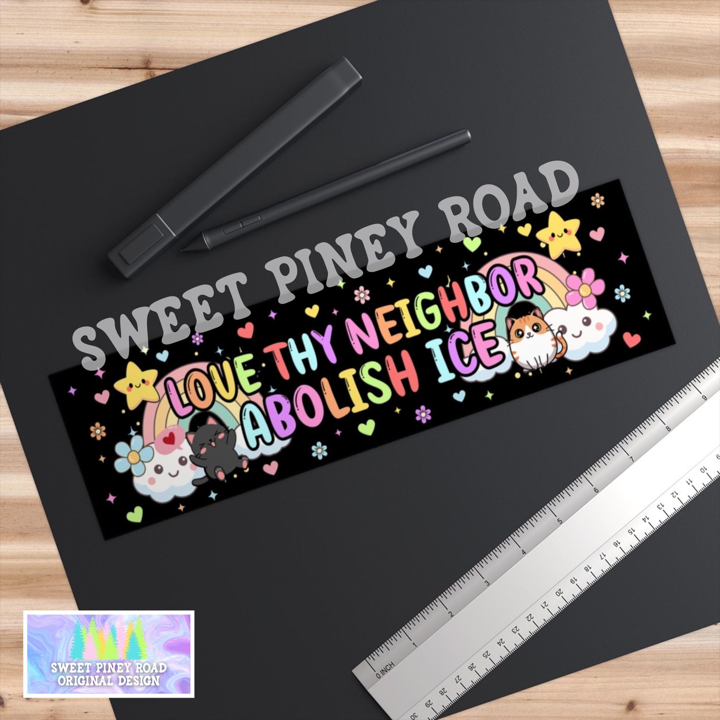 Love Thy Neighbor Abolish ICE Car Magnet, Adorable Kawaii Cats Rainbows Human Rights Activist Y2k Bumper Sticker
