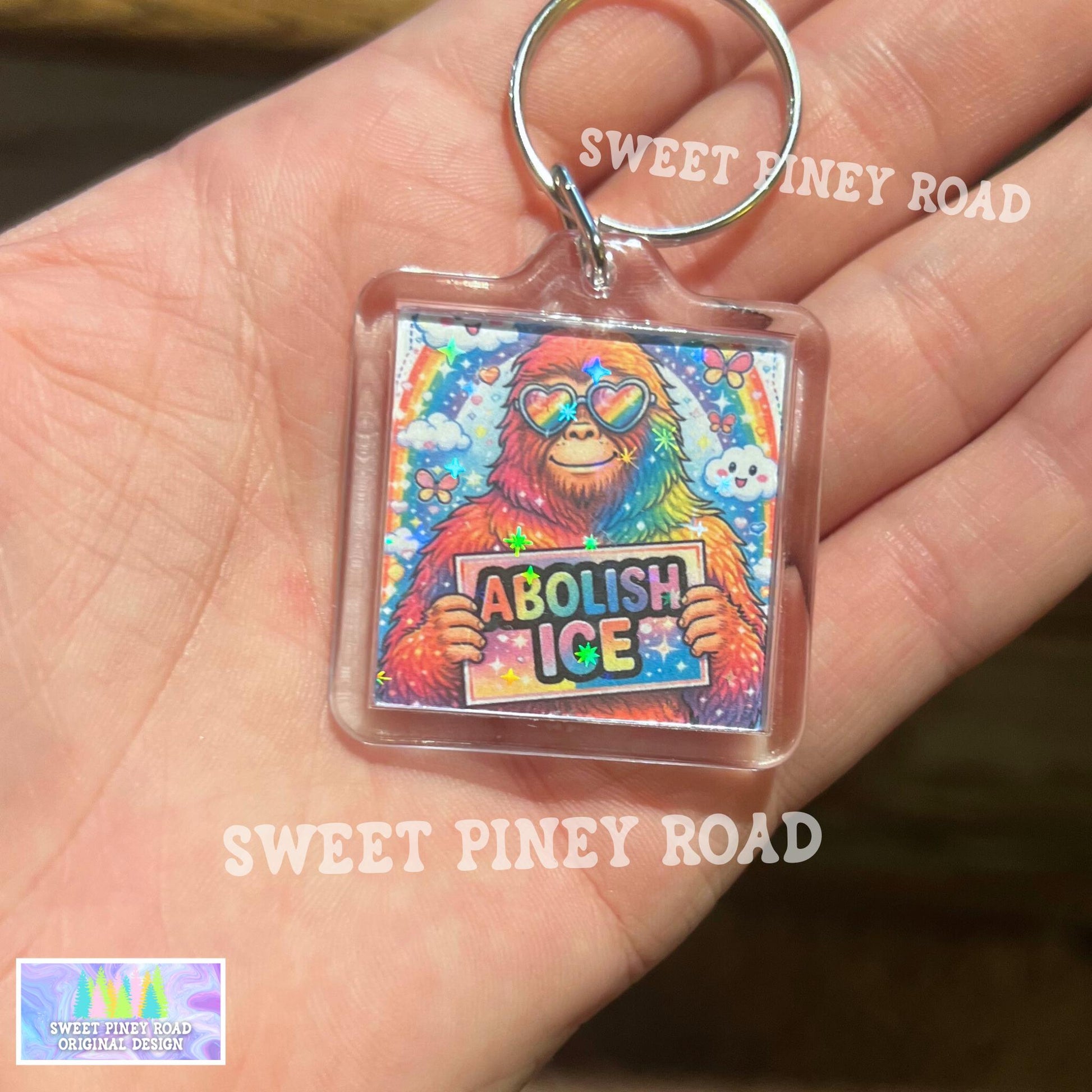 Abolish ICE Bigfoot Keychain, F*ck ICE Political Bag Charm, Chinga La Migra, Anti Trump Protest Acrylic Tag, FDT Sasquatch Pastel Rainbow