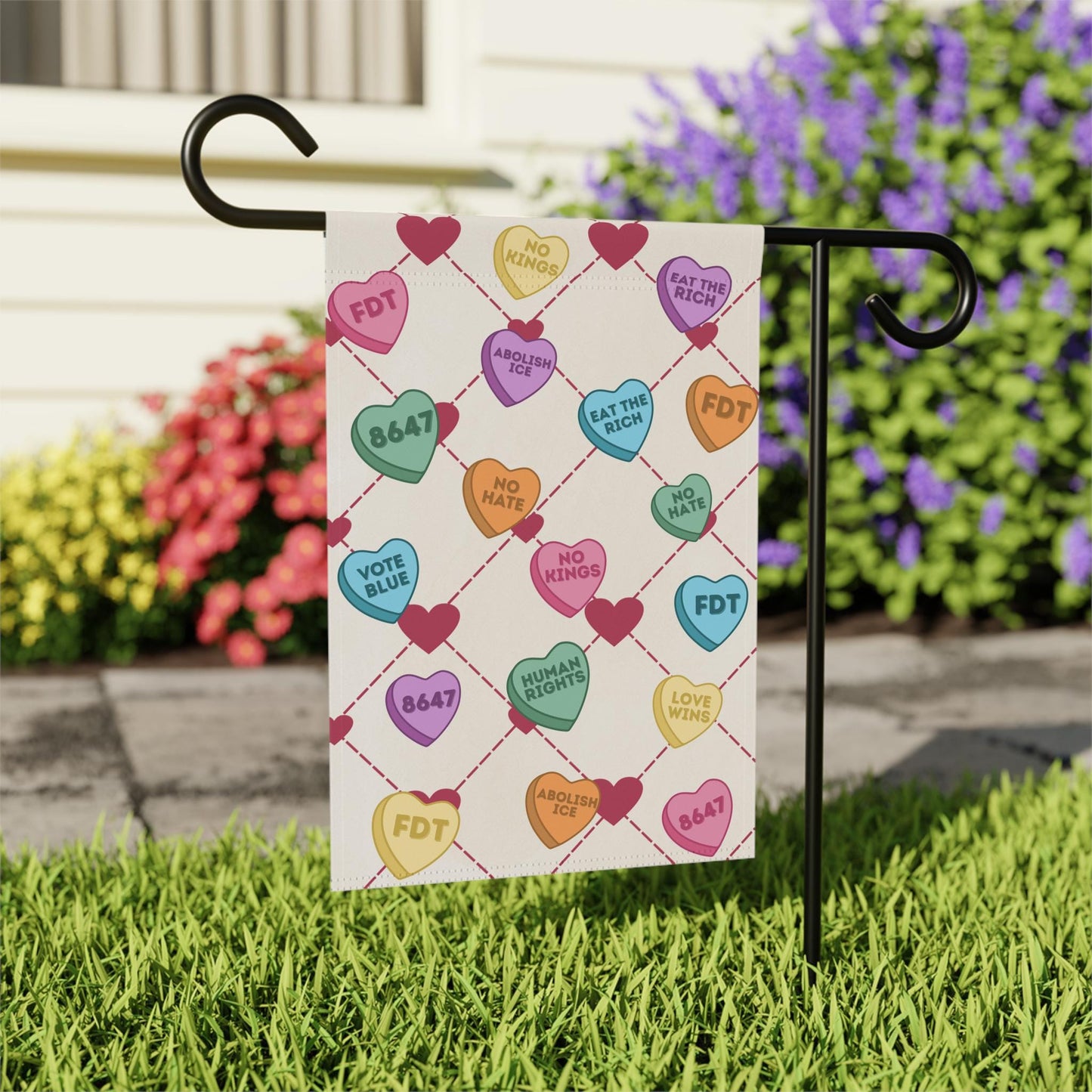 Subtle FDT Candy Hearts Anti-Trump Garden Flag, Leftist Valentine's Day Protest Resist Yard Banner, Political Outdoor Decor