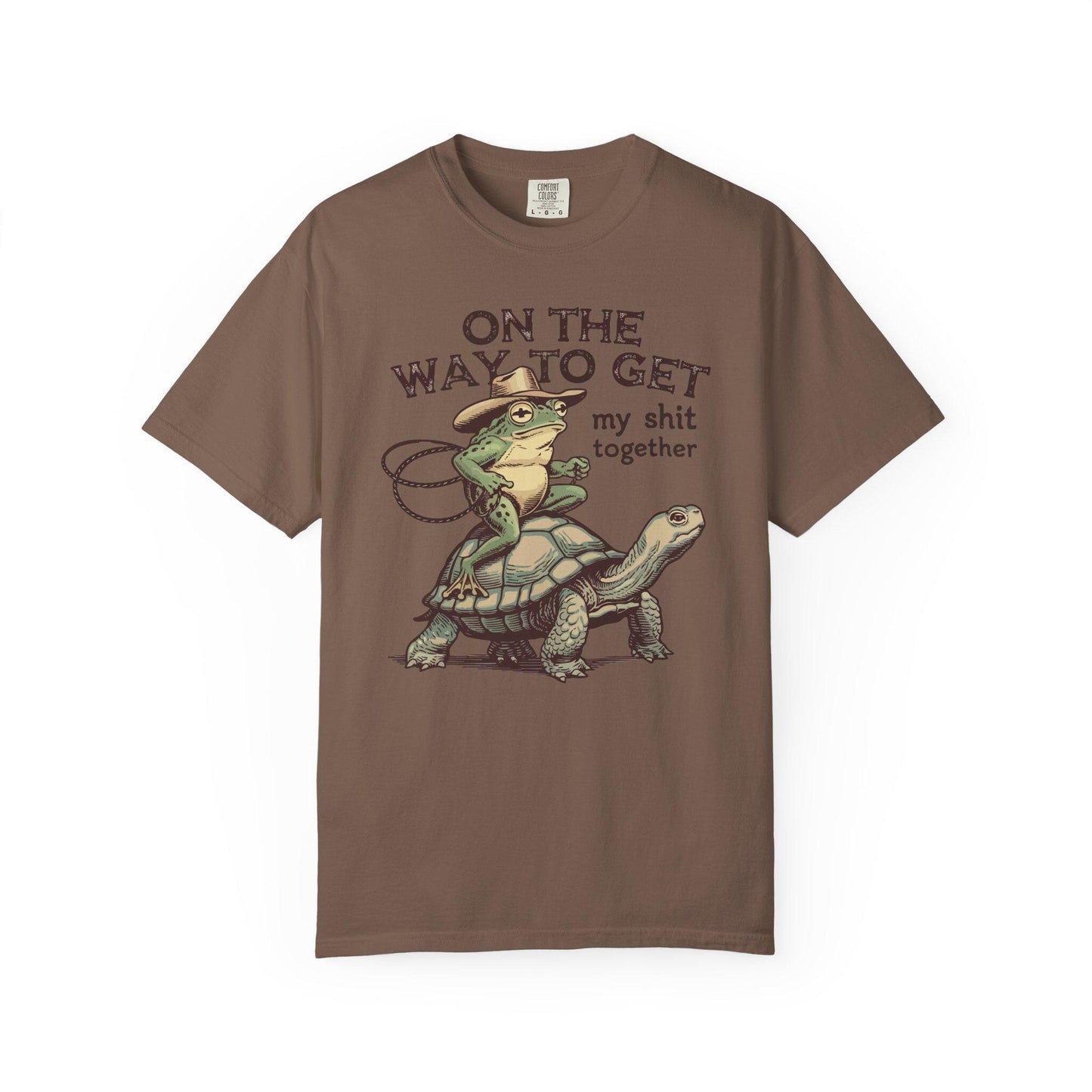 On My Way To Get My Sh*t Together Tshirt, Frog Riding Turtle Shirt, Funny Gen Z Meme Humor T-Shirt, Hilarious Cowboy Toad Tee