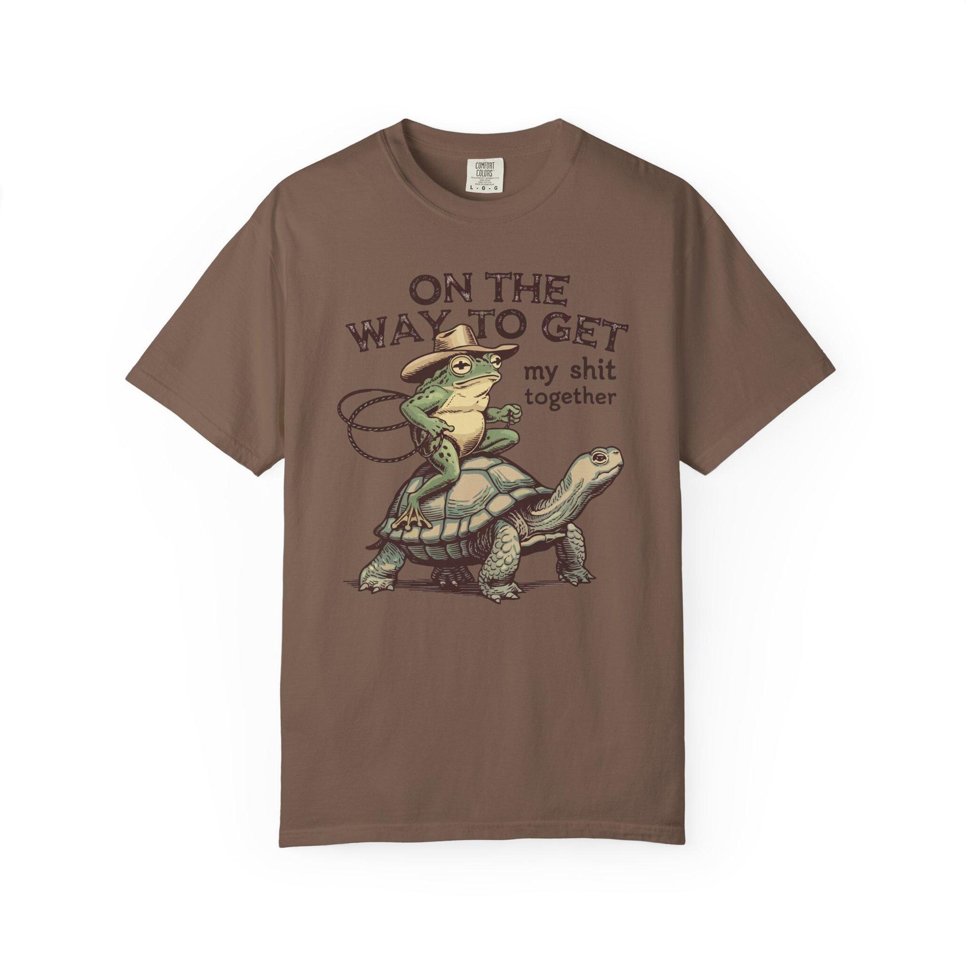 On My Way To Get My Sh*t Together Tshirt, Frog Riding Turtle Shirt, Funny Gen Z Meme Humor T-Shirt, Hilarious Cowboy Toad Tee