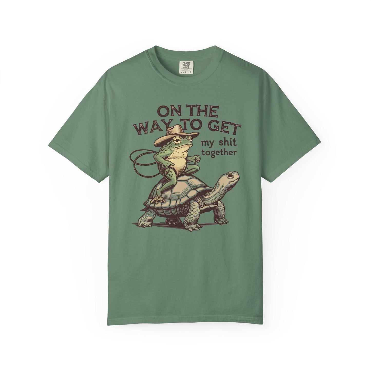 On My Way To Get My Sh*t Together Tshirt, Frog Riding Turtle Shirt, Funny Gen Z Meme Humor T-Shirt, Hilarious Cowboy Toad Tee