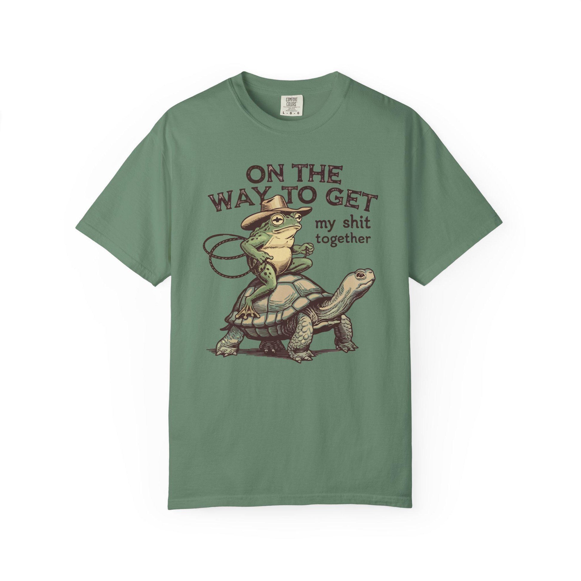 On My Way To Get My Sh*t Together Tshirt, Frog Riding Turtle Shirt, Funny Gen Z Meme Humor T-Shirt, Hilarious Cowboy Toad Tee