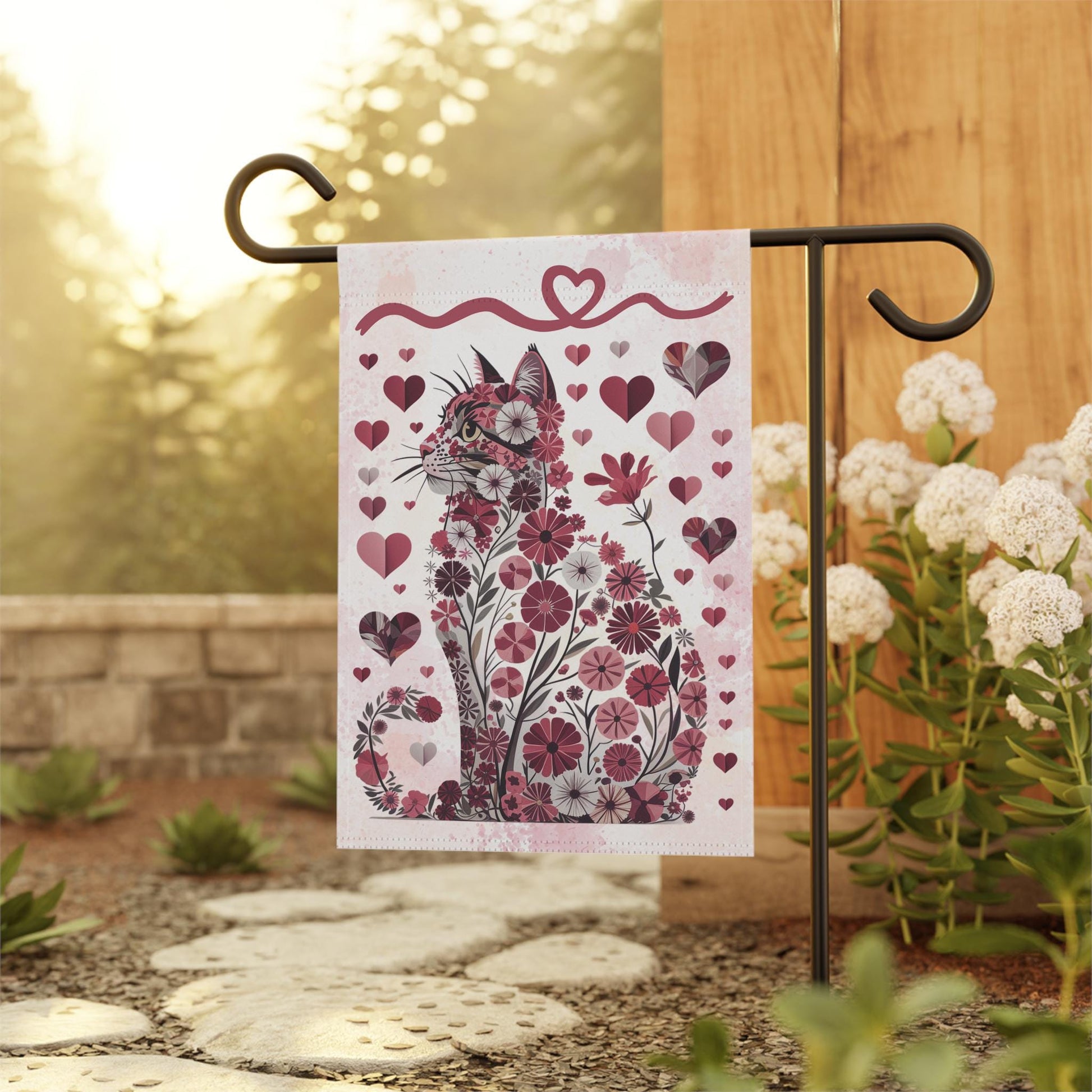 Abstract Flower Cat Yard Banner, Outdoor Beautiful Spring Decor, Garden Sign for Kitty Lover