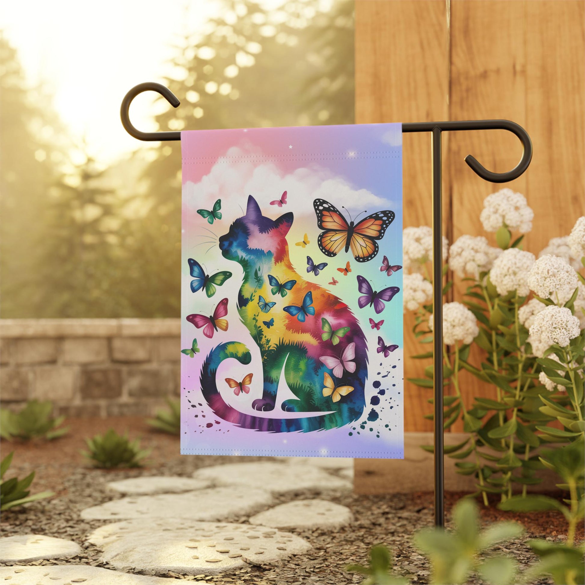 Abstract Butterfly Cat Yard Banner, Outdoor Beautiful Spring Decor, Garden Sign for Kitty Lover