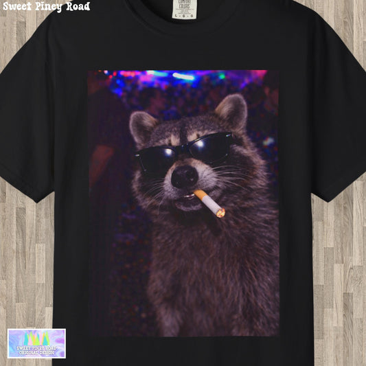Funny Raccoon Shirt, Hilarious Smoking Night Club Raccoon T-Shirt, Animal Lover TShirt Gag Gift, Waddup Babygirl? Tee