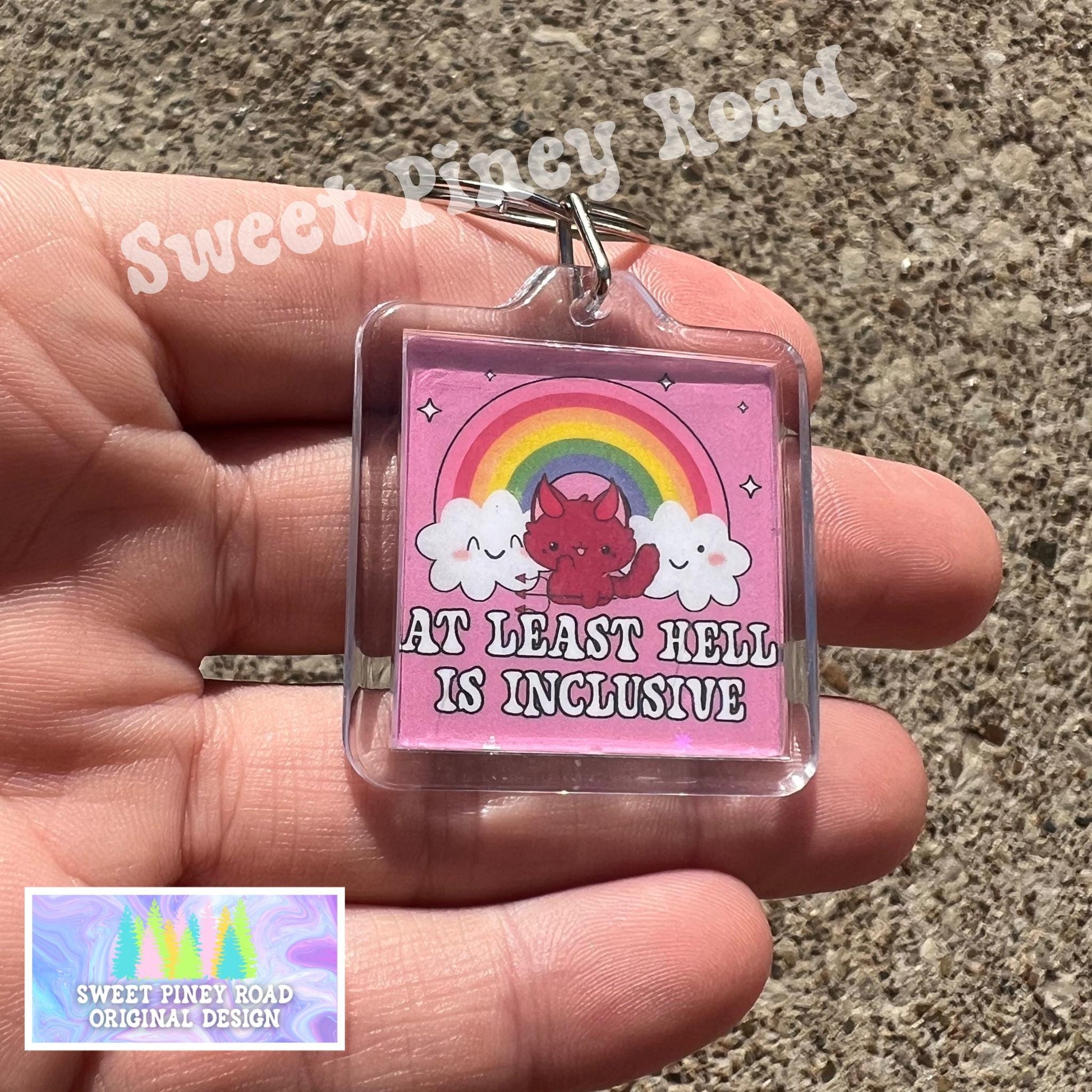 Atleast Hell Is Inclusive Keychain, Anti Trump Political Bag Charm, Cute Y2K Cat Rainbow LGBTQIA+ Protest Bag Tag, FDT Acrylic Key Chains