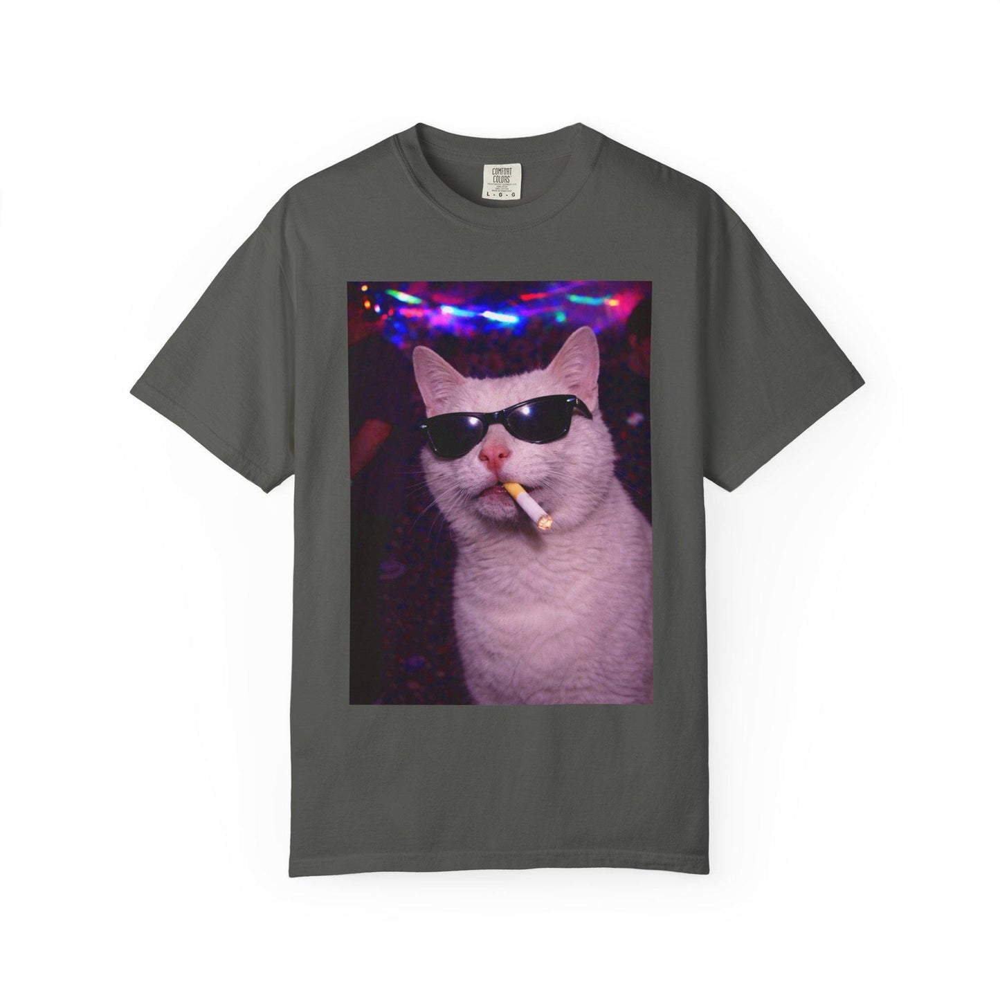 Funny White Cat Shirt, Hilarious Cats Smoking Night Club T-Shirt, Party Animal Tee Gift, Y2k Rave Kitty Tshirt