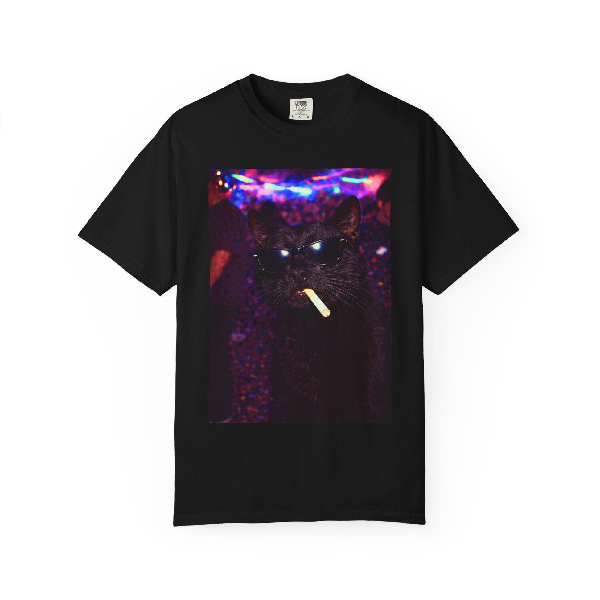 Funny Black Cat Shirt, Hilarious Cats Smoking Night Club T-Shirt, Party Animal Tee Gift, Y2k Rave Kitty Tshirt