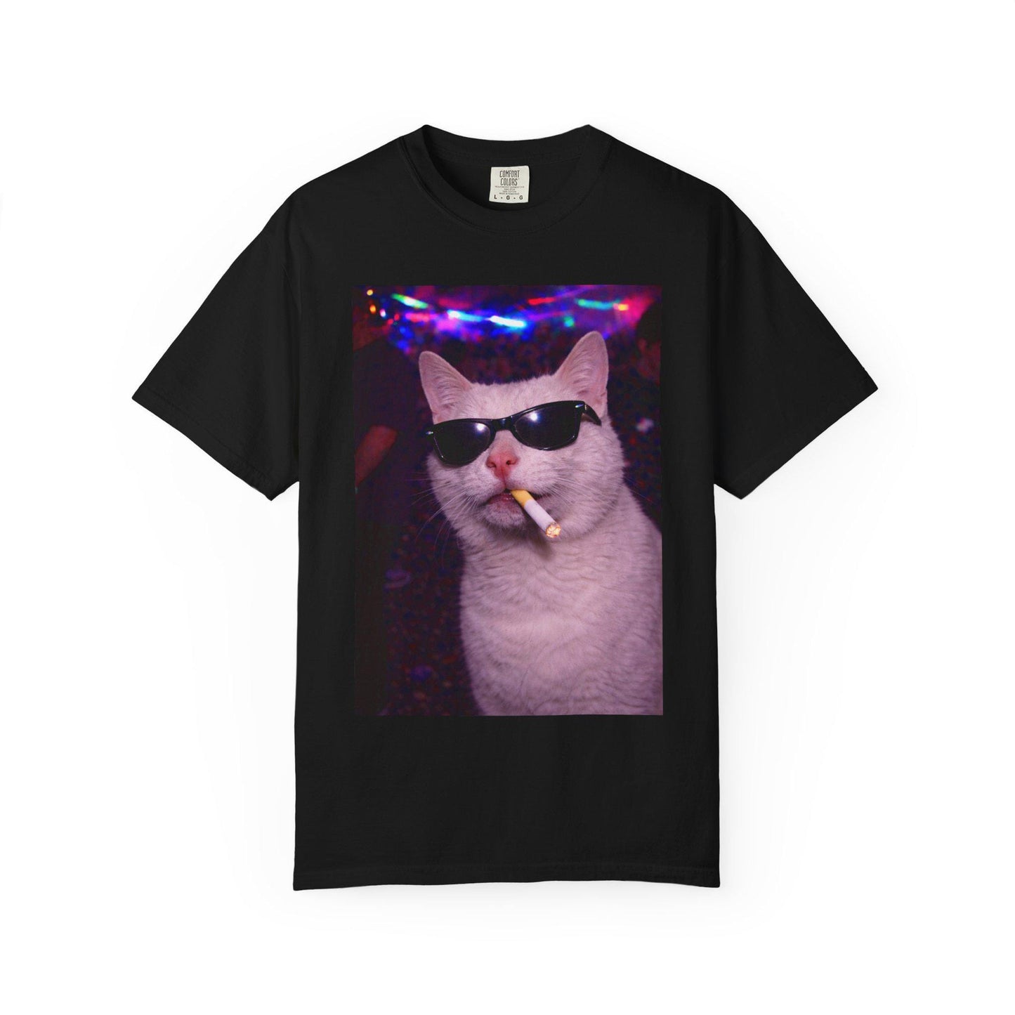 Funny White Cat Shirt, Hilarious Cats Smoking Night Club T-Shirt, Party Animal Tee Gift, Y2k Rave Kitty Tshirt