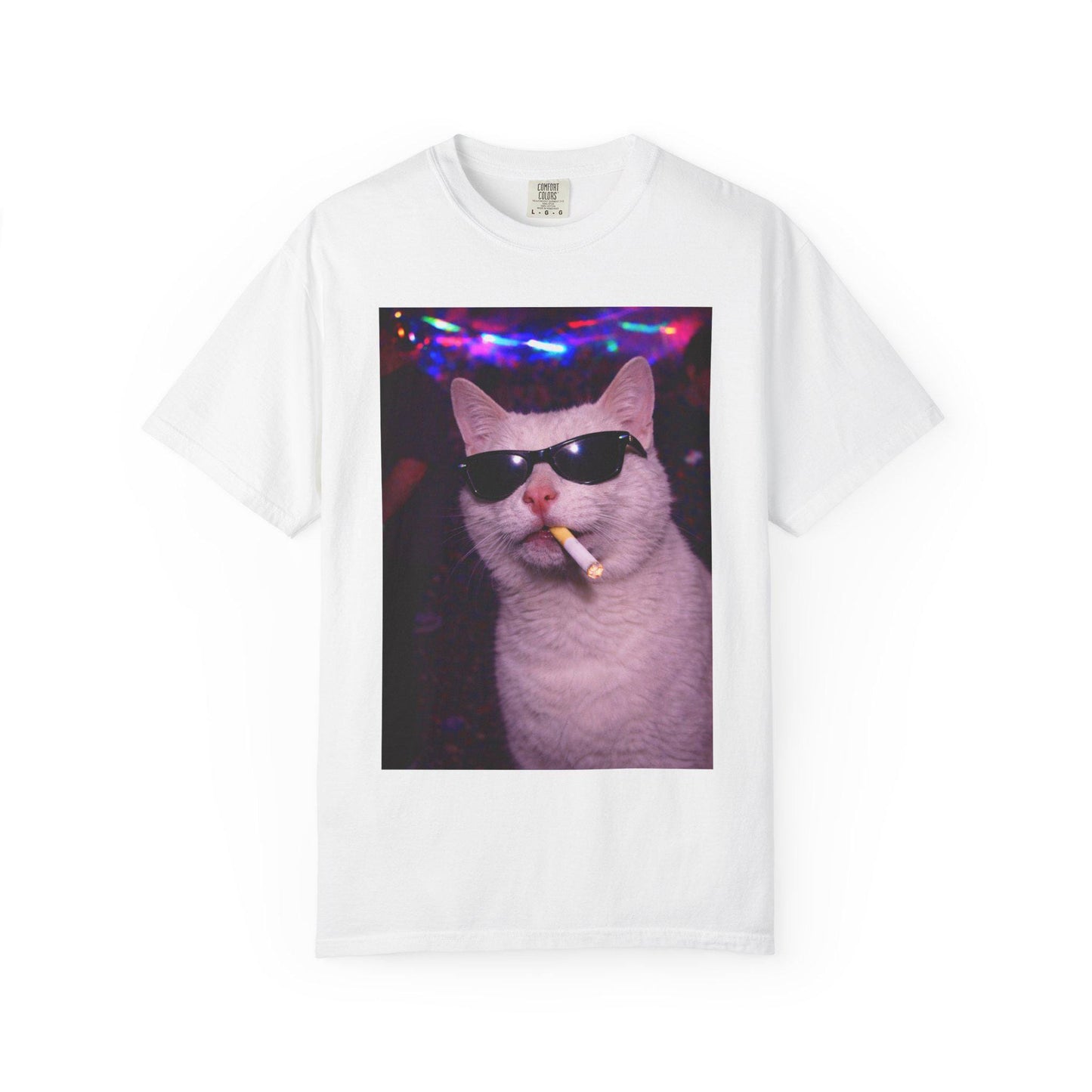Funny White Cat Shirt, Hilarious Cats Smoking Night Club T-Shirt, Party Animal Tee Gift, Y2k Rave Kitty Tshirt