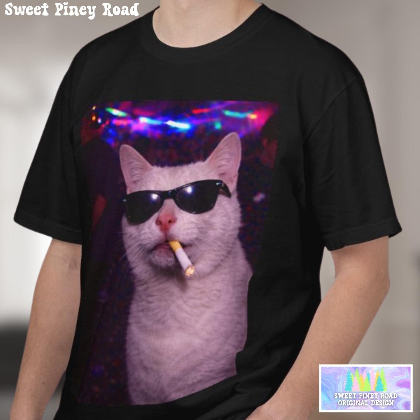 Funny White Cat Shirt, Hilarious Cats Smoking Night Club T-Shirt, Party Animal Tee Gift, Y2k Rave Kitty Tshirt