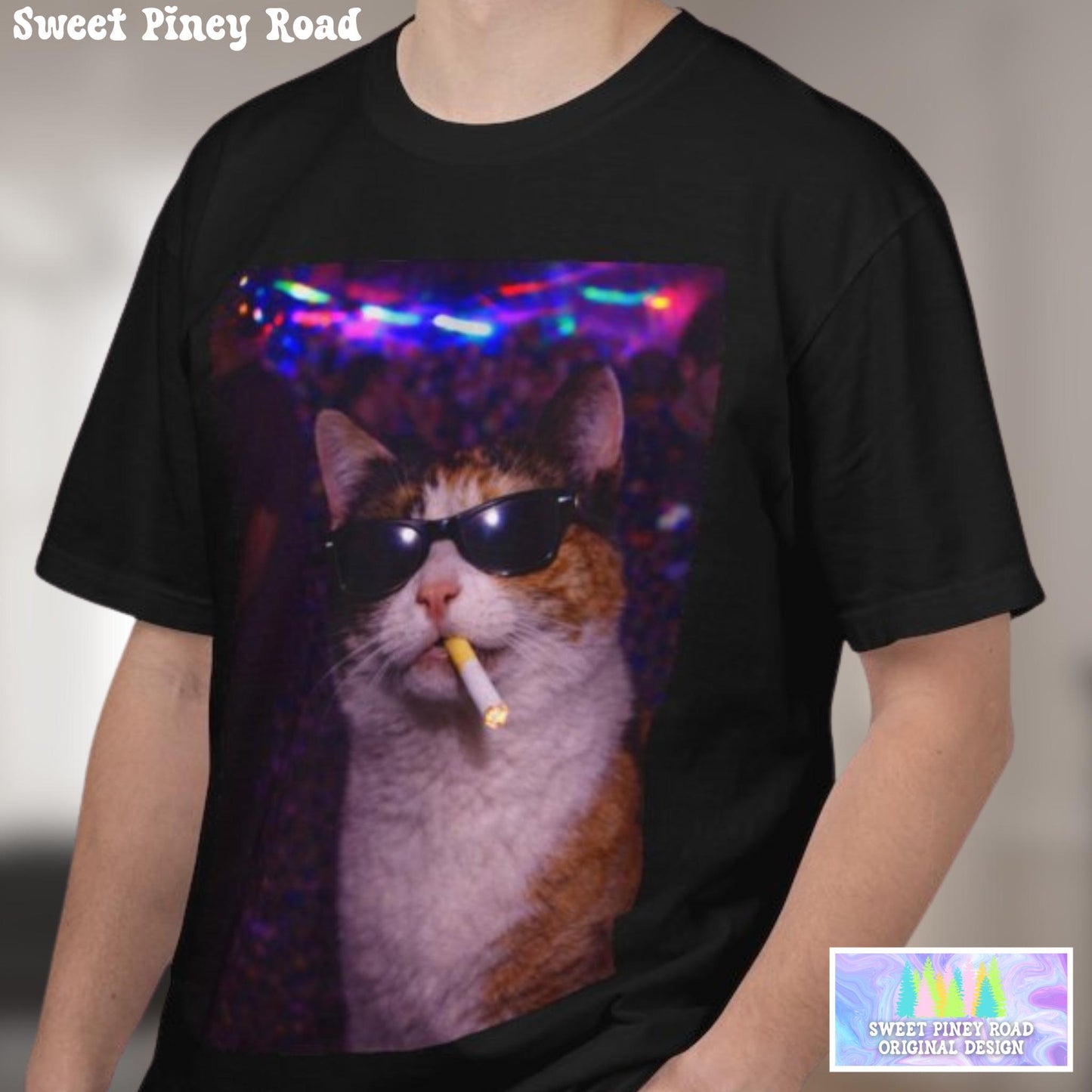Funny Calico Cat Shirt, Hilarious Cats Smoking Night Club T-Shirt, Party Animal Tee Gift, Y2k Rave Kitty Tshirt