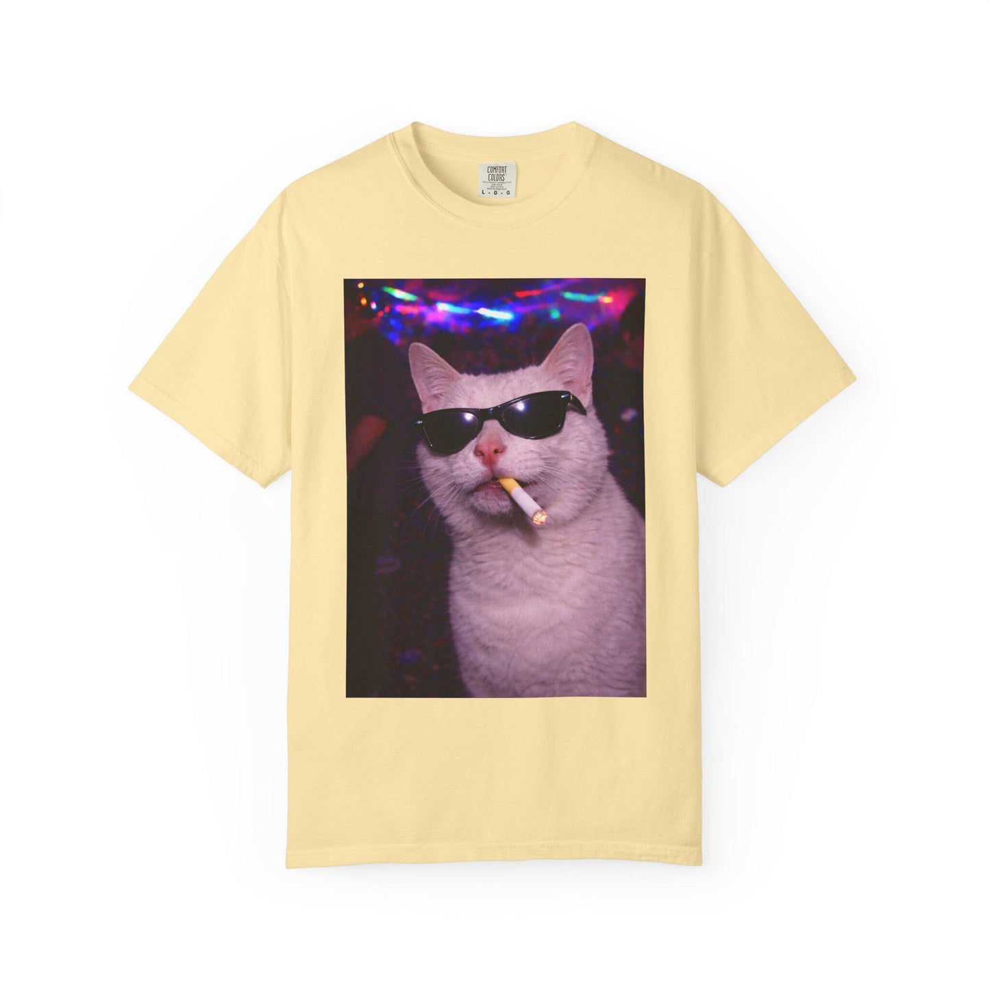 Funny White Cat Shirt, Hilarious Cats Smoking Night Club T-Shirt, Party Animal Tee Gift, Y2k Rave Kitty Tshirt