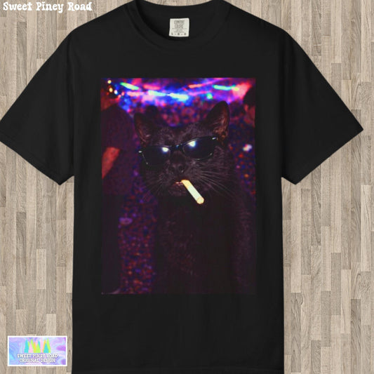 Funny Black Cat Shirt, Hilarious Cats Smoking Night Club T-Shirt, Party Animal Tee Gift, Y2k Rave Kitty Tshirt